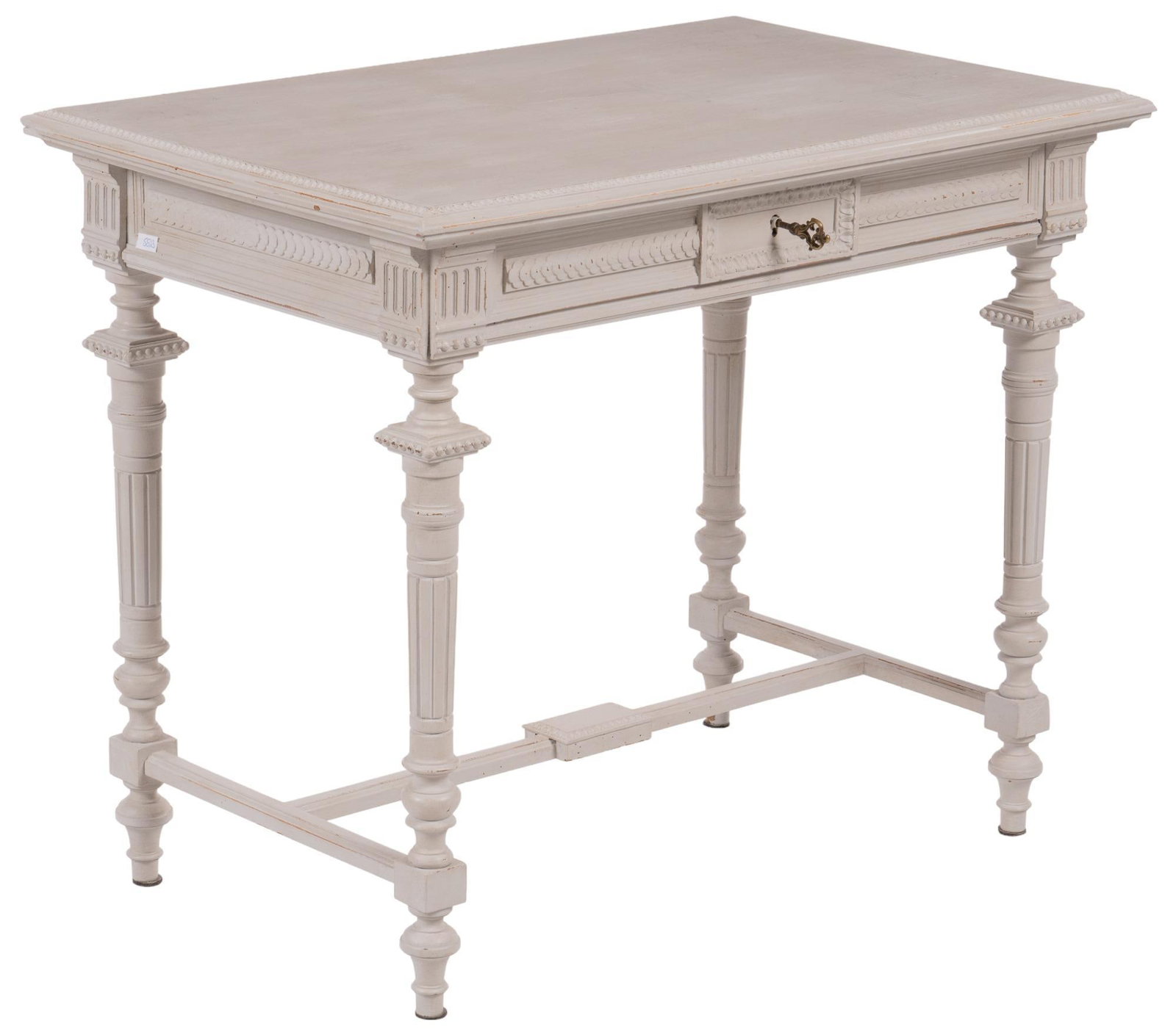Louis XVI Style Desk: Louis XVI style desk with upper section with turned architectural accents, finials and carved floral motifs, featuring round mirror flanked by two stacked drawers, above oversize counter top above sin