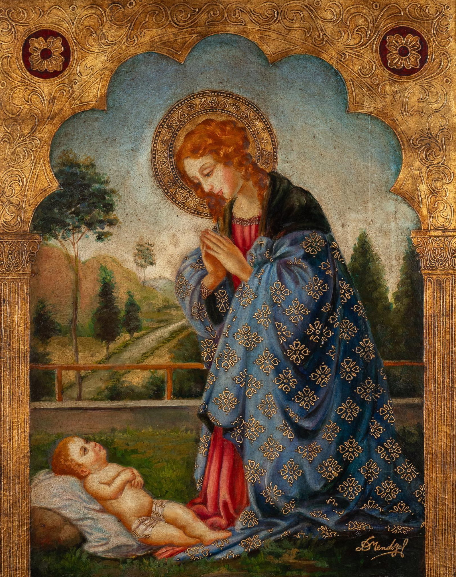 Diana Mendoza, Mary Praying over Baby Jesus: Diana Mendoza (Peru, 20th C.), Mary praying over baby Jesus, oil on canvas sight: 30 x 24 in., frame: 42.5 x 37 in. Provenance: Property from the estate of prominent McAllen, Texas nurse practitioner 