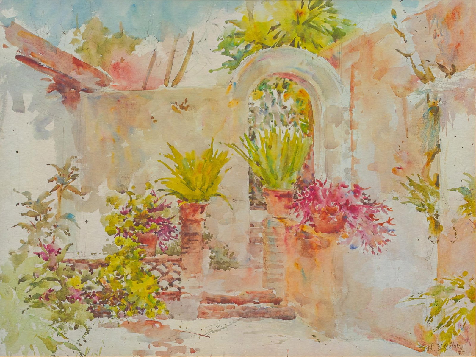 Beth Eidelberg, Lush Courtyard: Beth Eidelberg (Texas, 1933-2018), lush flowering courtyard, watercolor sight: 18 x 24 in., frame: 26 x 32 in. Provenance: Property from the estate of a San Antonio, Texas gentleman Shipping available