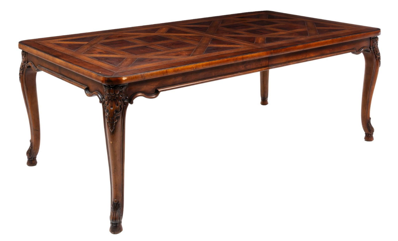 French Style Extending Dining Table: Extending French style dining table, having top featuring wood inlay design, with carved scroll and leaf motif, on cabriole legs, includes two leaves height 30.5 in. x width 82 in. x depth 45.5 in. /