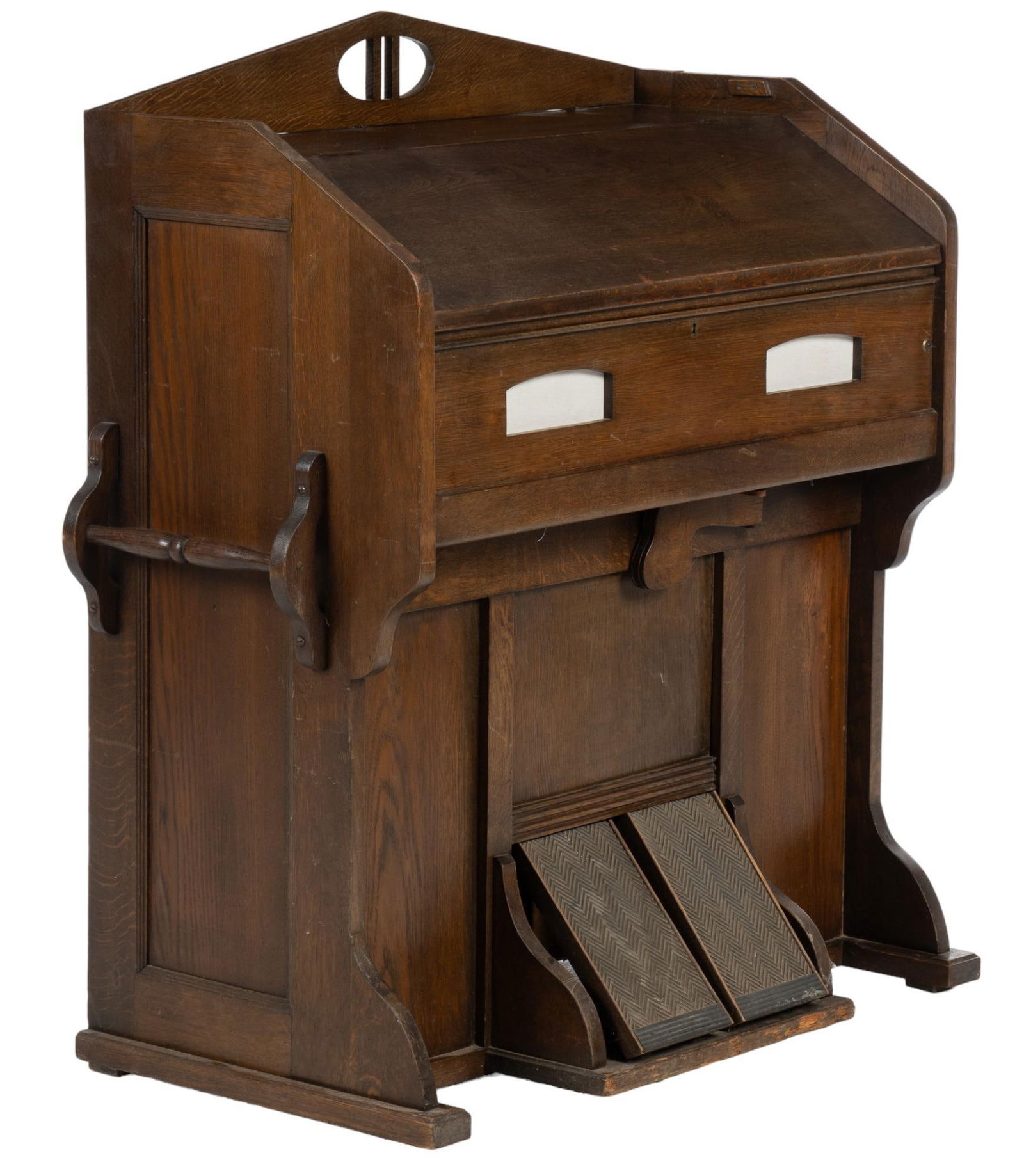 Vintage Strasbourg Pianola: Vintage E.A Roethinger Strasbourg pianola / player piano, with double hinge lid opening to keys and six labeled knobs with two pedals, and pierced back gallery, marked height 42 in. x width 40 in. x