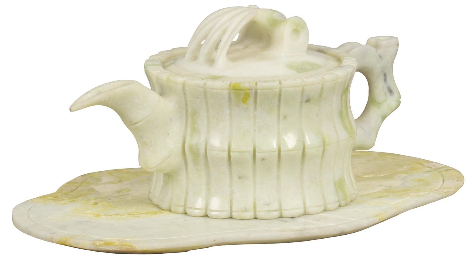 Lantian Jade Teapot: Carved Lantian jade teapot, bamboo motif, with serving platter height 3.5 in. / teapot height 9 in. x width 6 in. / platter Provenance: Property from the estate of a Glasgow, Scotland gentleman Shippi