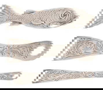 Antique Sterling Silver Bodkins Ribbon Threaders: Collection of three antique sterling silver ribbon pullers or bodkins including the figural embossedfish from Simon Brothers. Lengths 2 1/2 in. to 2 5/8 in.; total weight 12.8 grams Condition: Small