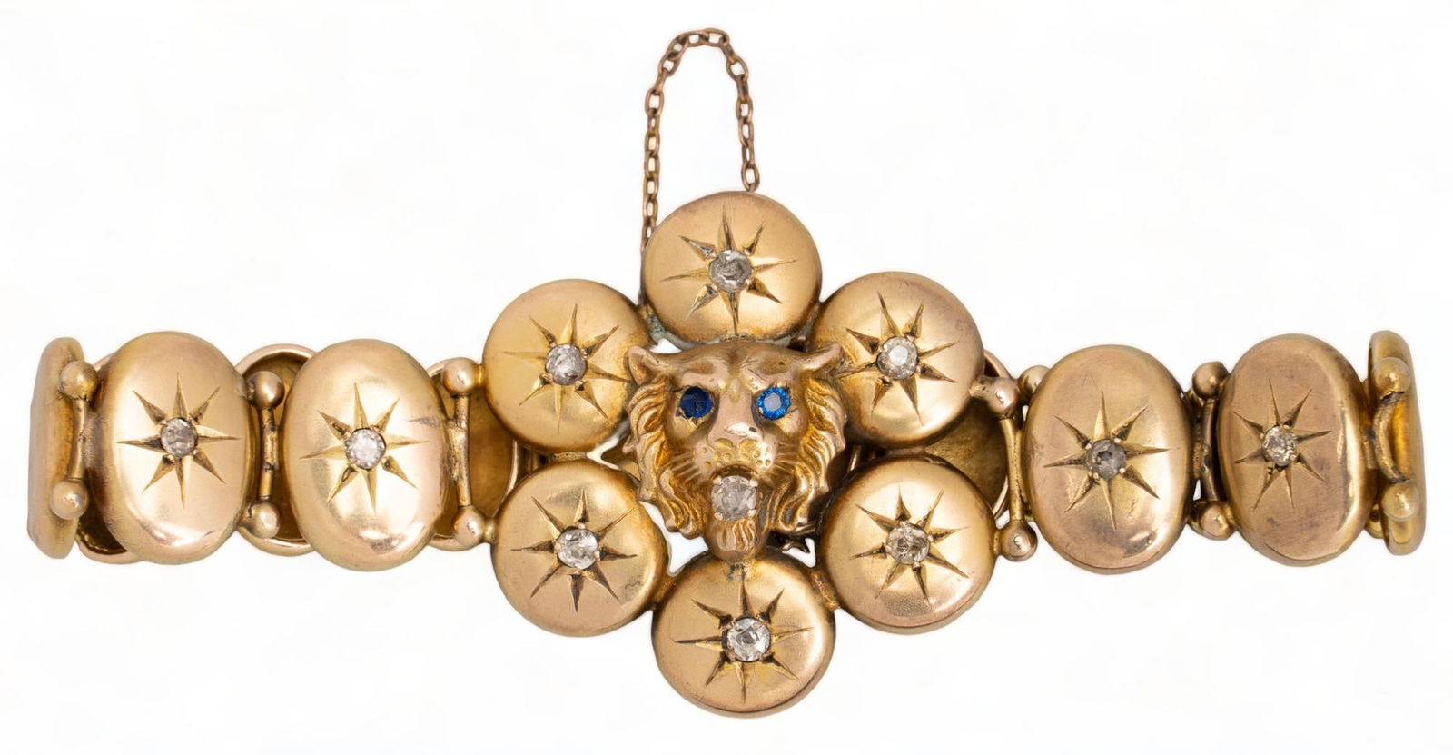 Victorian Sapphire and Diamond 14K Gold Lion Head Bracelet (1 of 5)