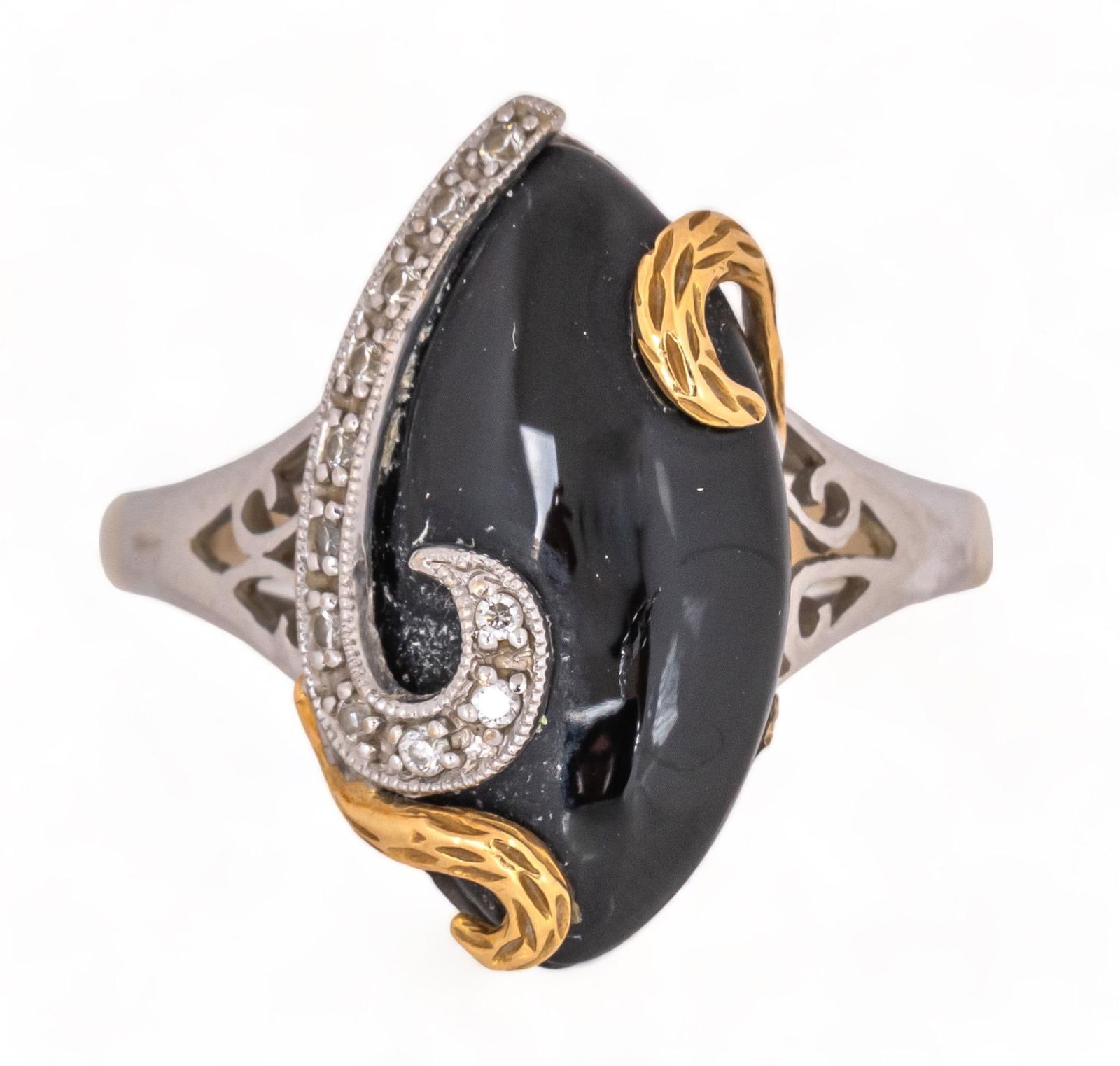 18K Two Tone Onyx and Diamond Art Nouveau Ring (1 of 5)