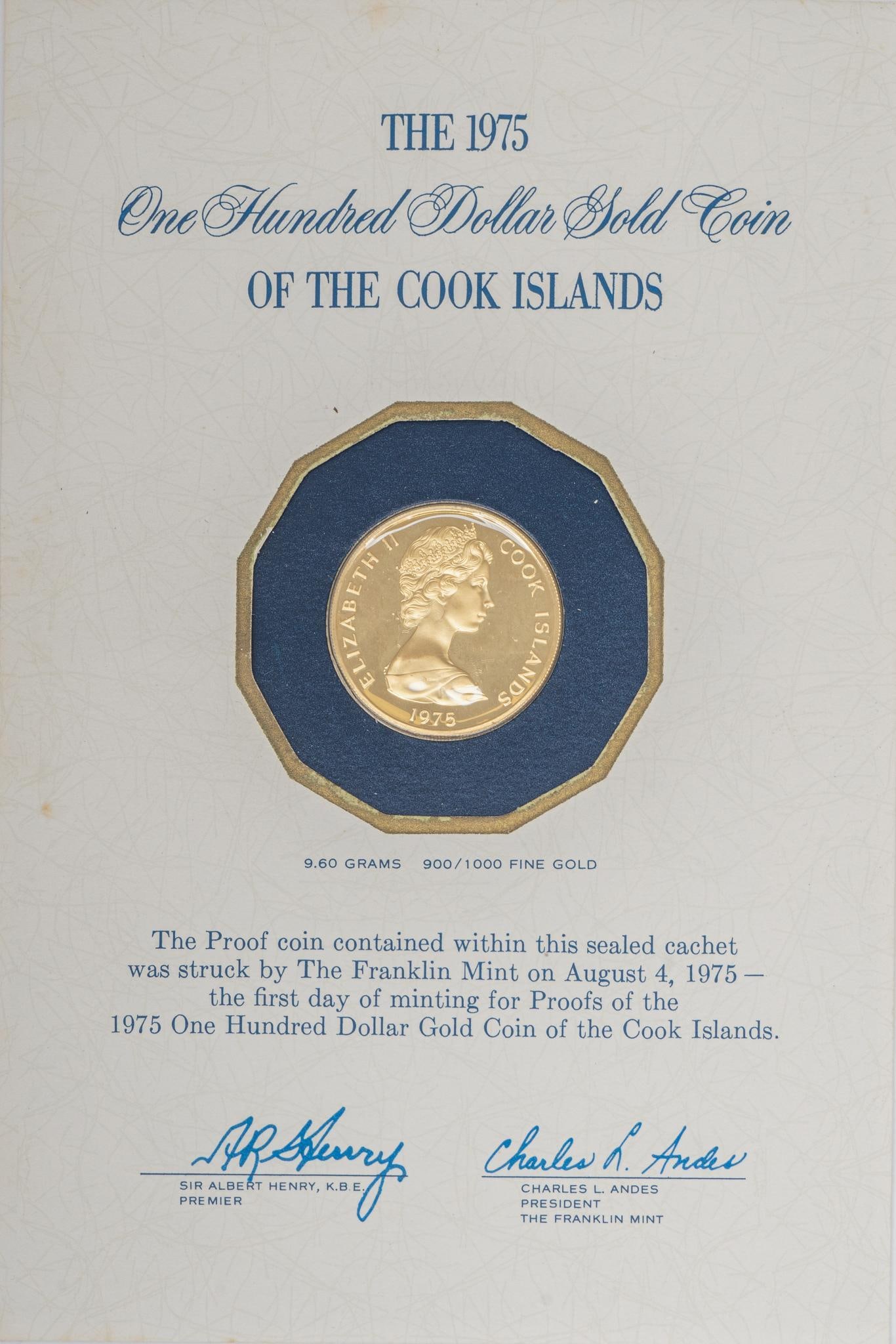 100 Dollar Cook Islands Gold coin: Includes: 1- 100 Dollar Cook Island Gold coin Face Value: $100 Dollar Weight: .309 Ozt (90%) Provenance: Property from the estate of a well-known San Antonio, Texas attorney