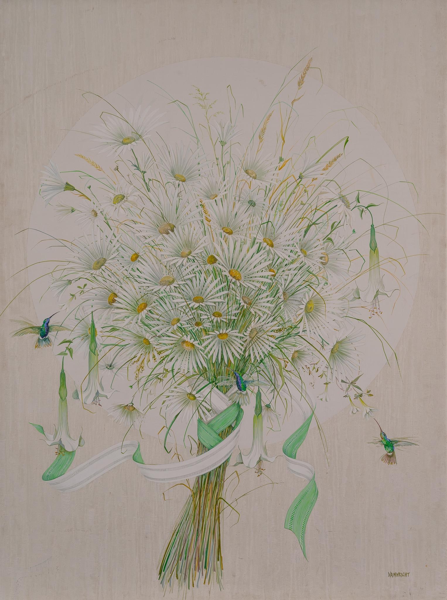 Leslie Wainwright, "Flowers with Hummingbird": Leslie Wainwright (Amer., 20th C.), "Flowers with Hummingbird", oil on masonite sight: 48 x 36.5 in., frame: 49.5 x 37.5 in. Shipping available for this lot through our partner 4CL; please req