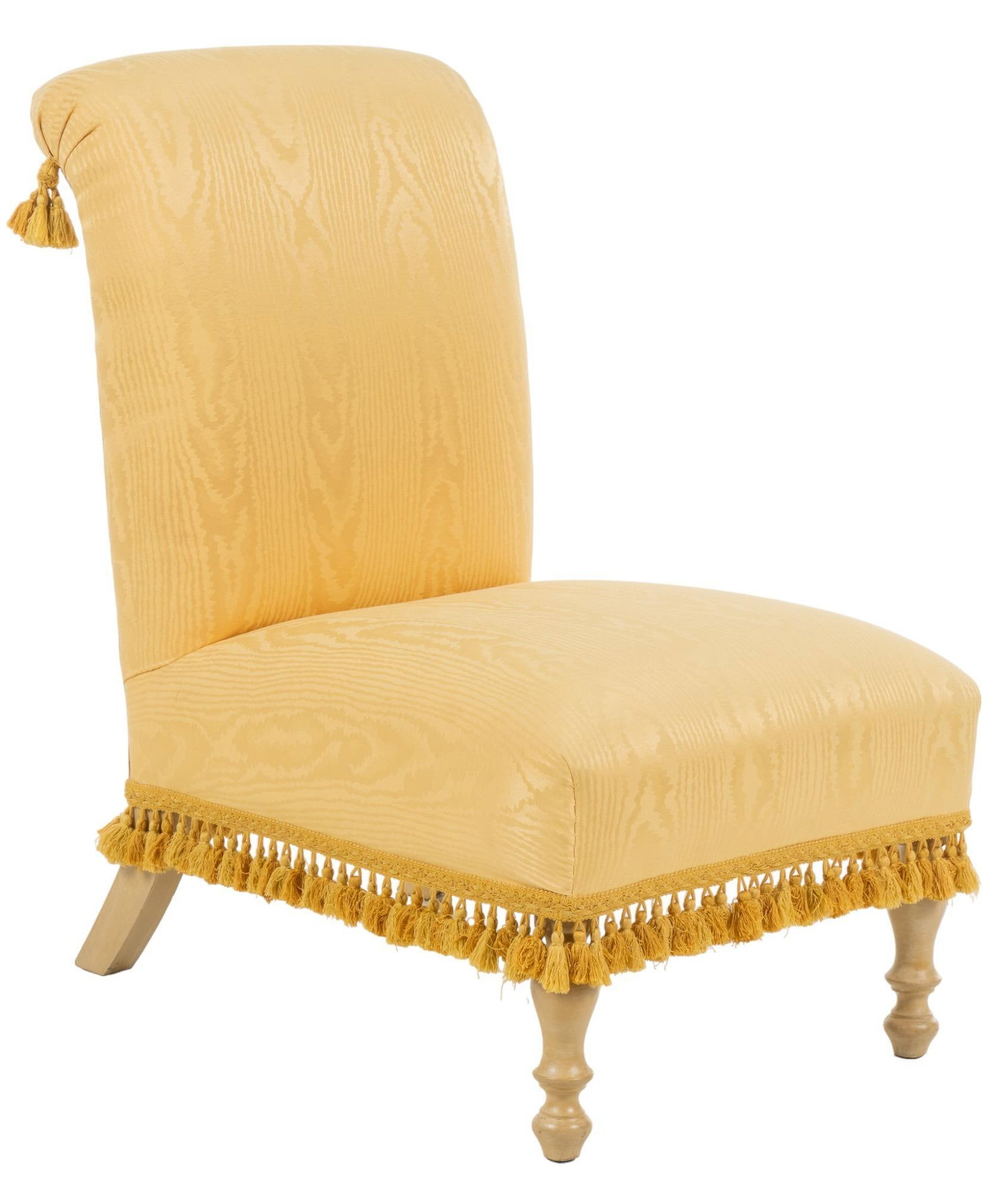Tasseled Slipper Chair: Tasseled slipper char, with yellow upholstery height 32 in. x width 21 in. x depth 25 in. Shipping available for this lot through our partner 4CL; please request a shipping quote at shipping@vogta