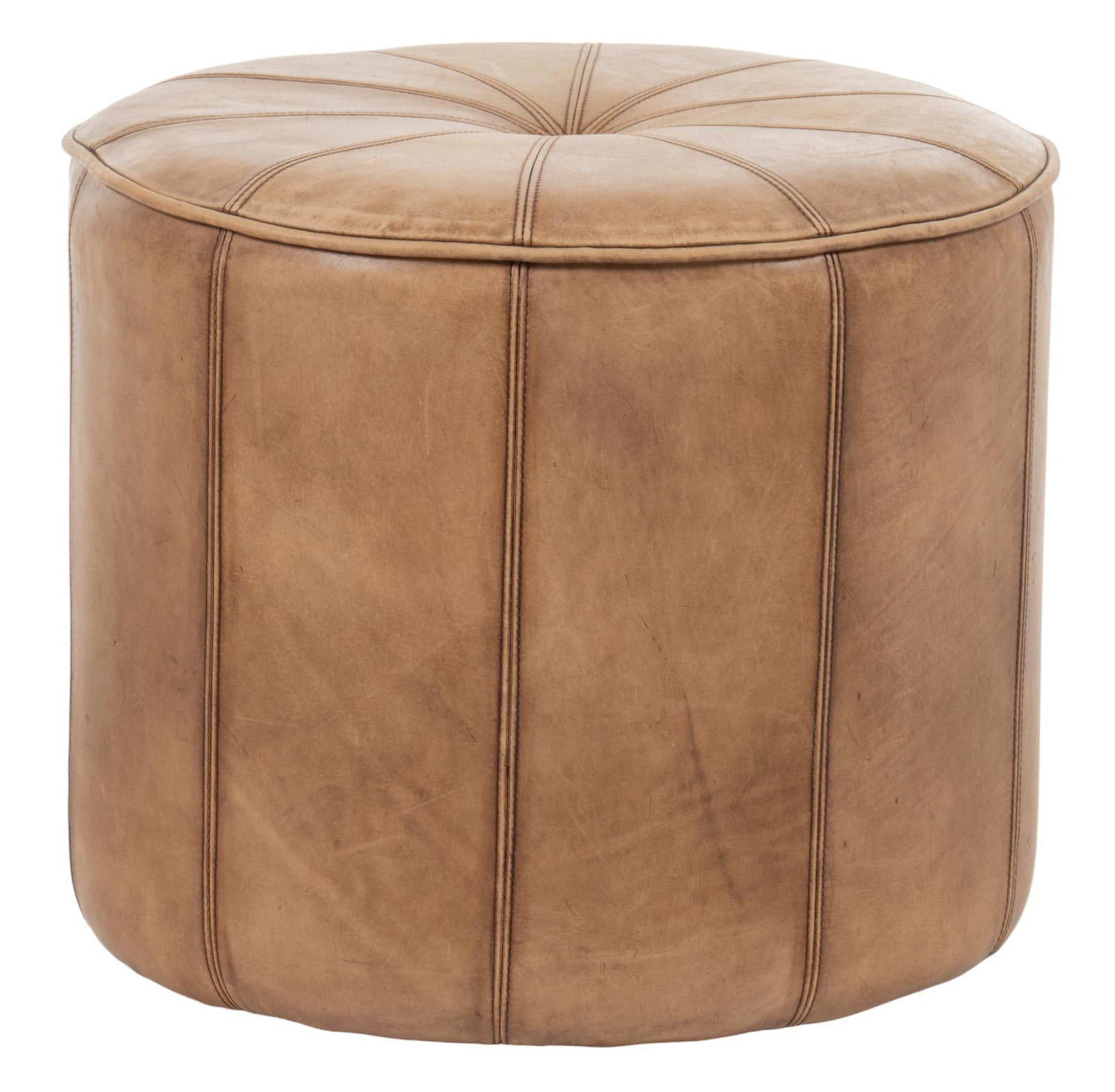 Brown Leather Ottoman: Brown leather ottoman, with stitched accents height 17 in. x diameter 20 in. Provenance: Property from a home in the Oakwell Farms neighborhood of San Antonio, Texas Shipping available for this lot th