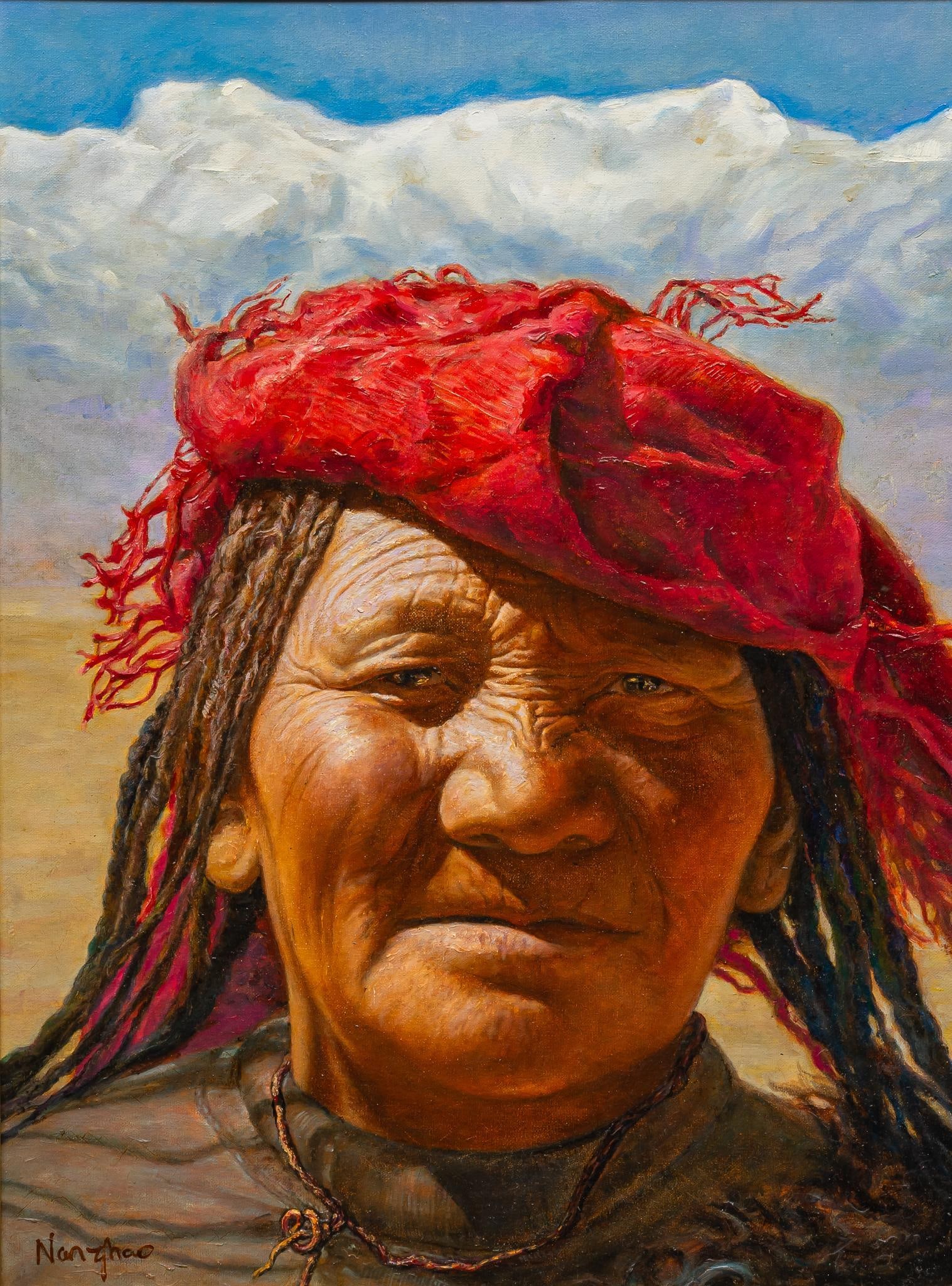 Oil Portrait of a Nanzhao Elder: Portrait of an elder, inscribed Nanzhao, a former Sino-Tibetan kingdom in southern China in the 8th and 9th centuries; oil on canvas sight: 24 x 18 in., frame: 30.5 x 24.5 in. Shipping available for t