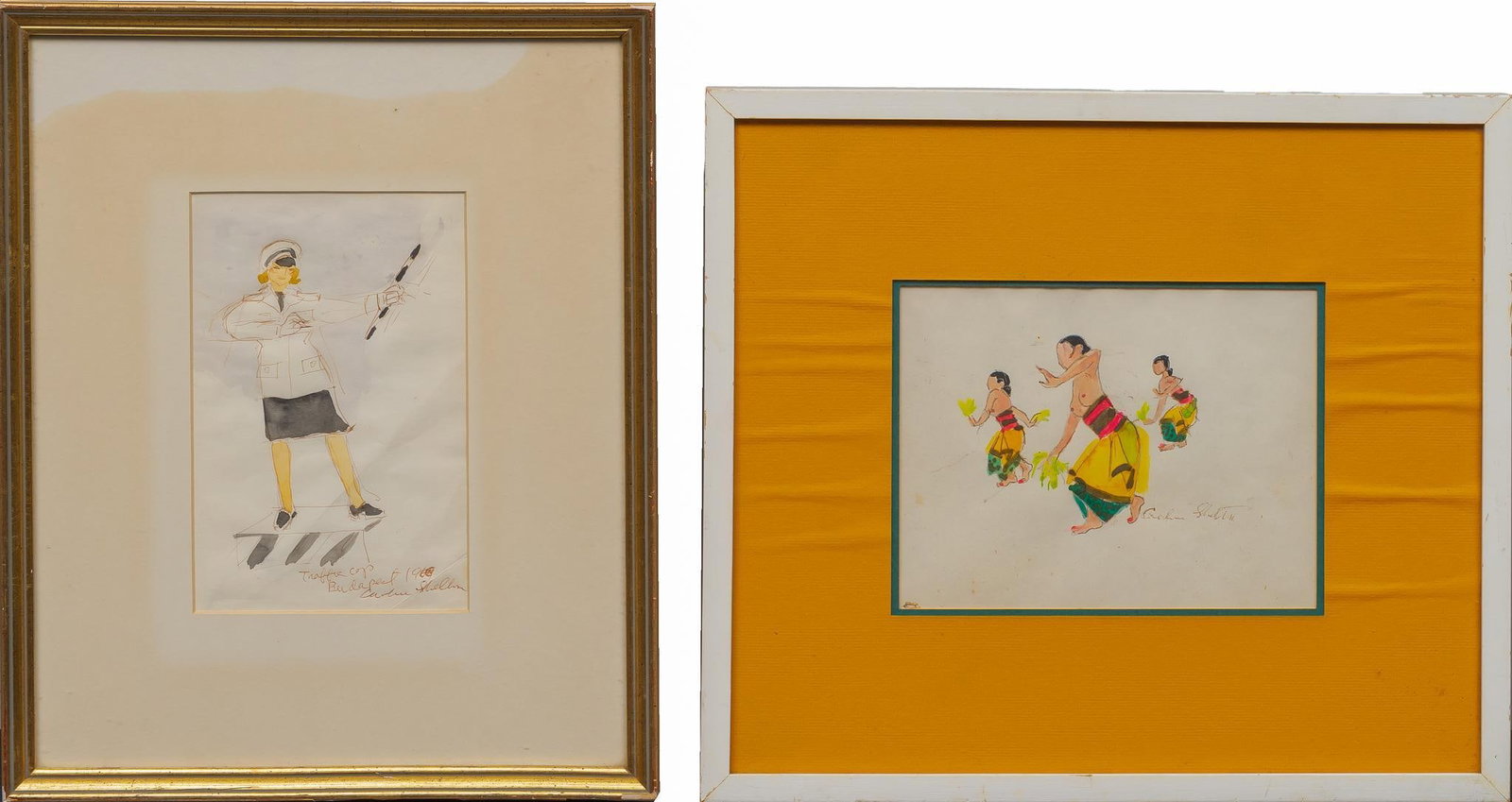 (2) Caroline Shelton Watercolors, ca. 1960s: Caroline Shelton, (2) original watercolors, to include dancing women in Bali and "Traffic cop, Budapest 1968" sight: 8 x 5 in., frame: 14.5 x 11.5 in. / larger Shipping available for this lot 