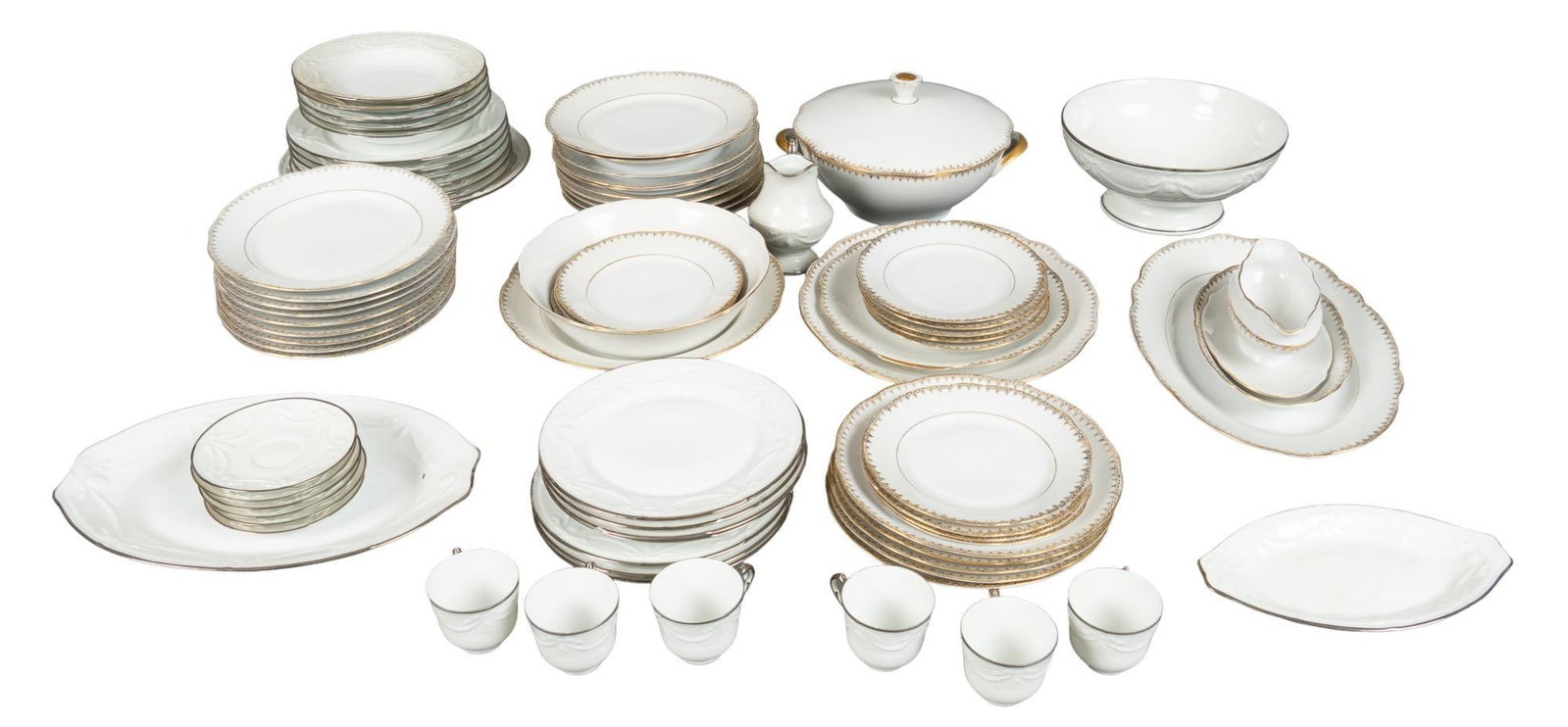 Collection of Porcelain Dishware: Collection of porcelain dishware with gold-tone accent glazing, includes plates, cups, chargers, and platters, marked height 6.5 in. x width 12 in. x depth 10 in. Shipping available for this lot throu