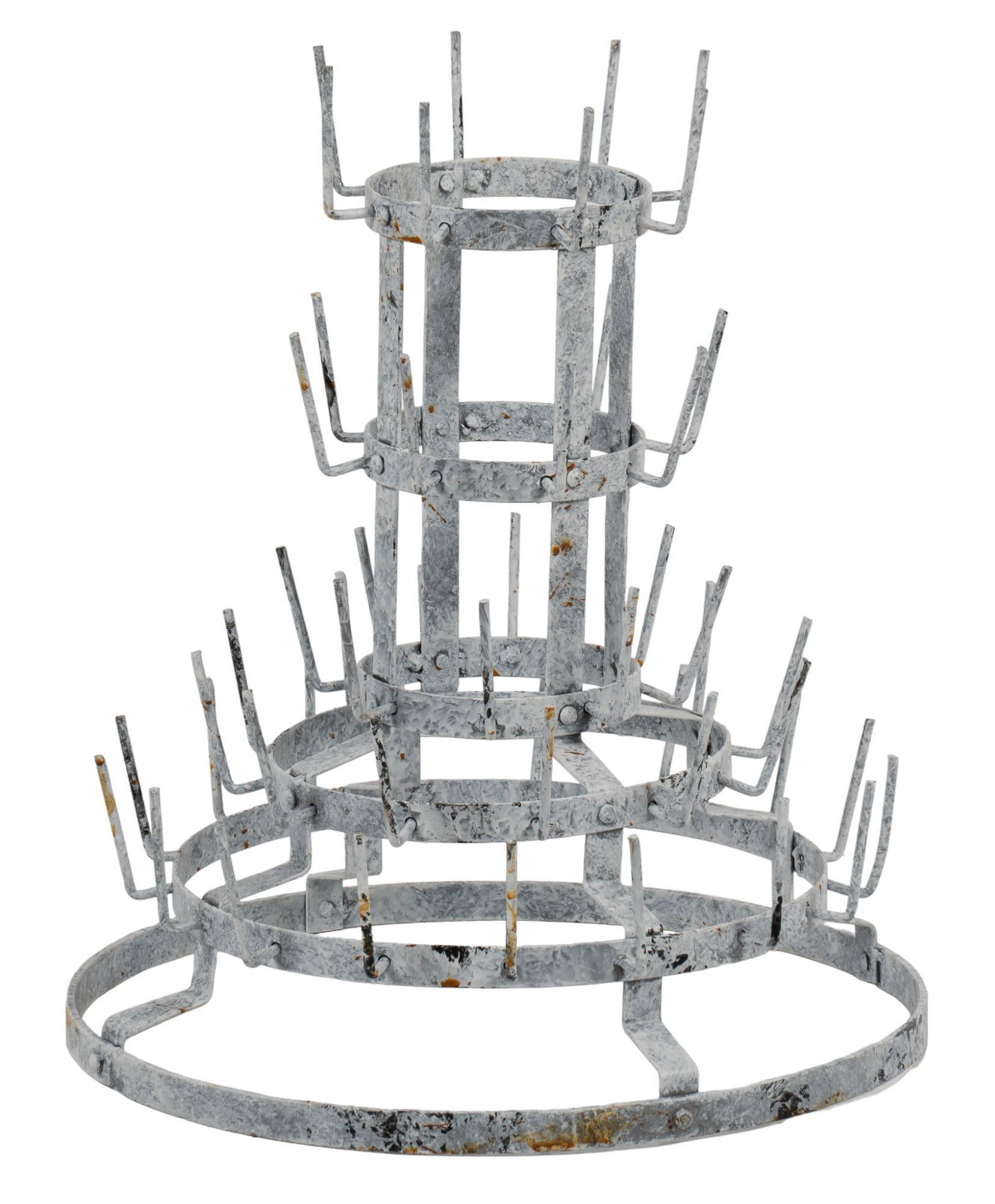 Vintage Bottle Rack: Vintage galvanized bottle rack height 23 in. x diameter 19.5 in. Shipping available for this lot through our partner 4CL; please request a shipping quote at shipping@vogtauction.com or 210-971-5750. Y