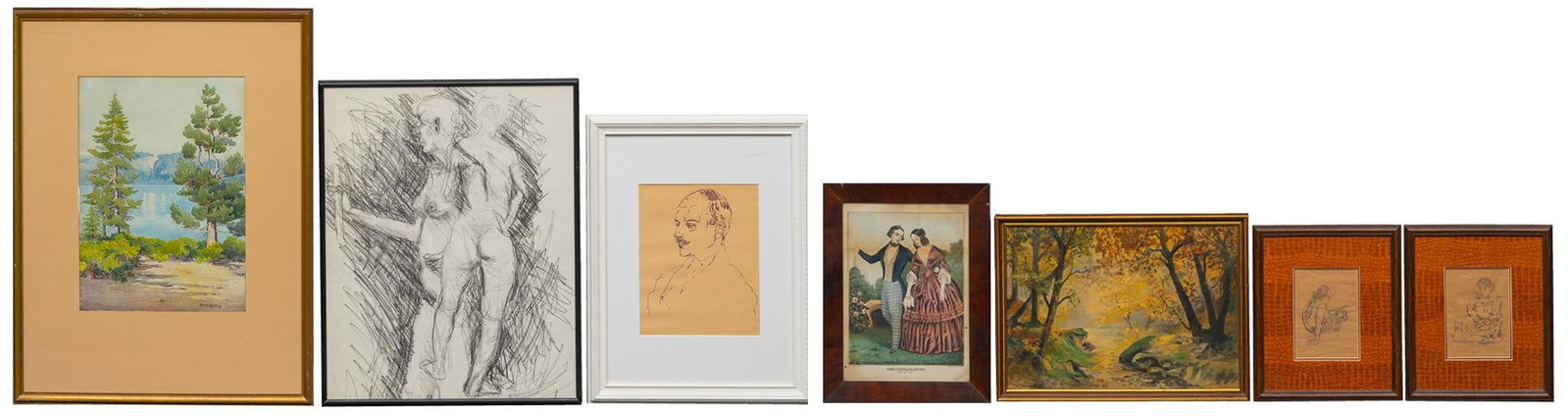 Collection of (7) Vintage Artworks: Collection of (7) vintage artworks, to include (2) original painted landscapes, (2) original pencil portraits in the style of Paul Gauguin, (1) original charcoal figure study of nude woman, (1) origin