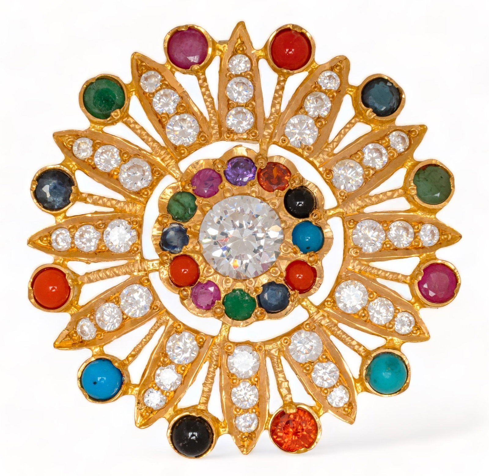 22K Yellow Gold Rainbow Sunburst Pendant: 22K yellow gold rainbow sunburst pendant, circular design, emerald, coral, turquoise, onyx, sapphire, and colorless crystals, marked diameter 36 mm. total weight: 8.7 grams Provenance: Property from a