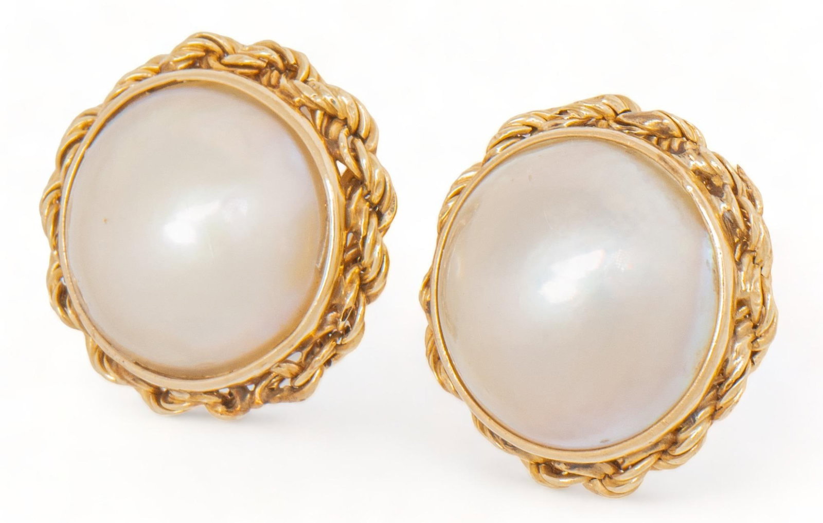 14K Gold Mabe Pearl Earrings: 14K gold mabepearl earrings, omega stud backs, marked length 21 mm. total weight: 7 grams Provenance: Property from the Stone Oak neighborhood home of a San Antonio, Texas lady Shipping available for 
