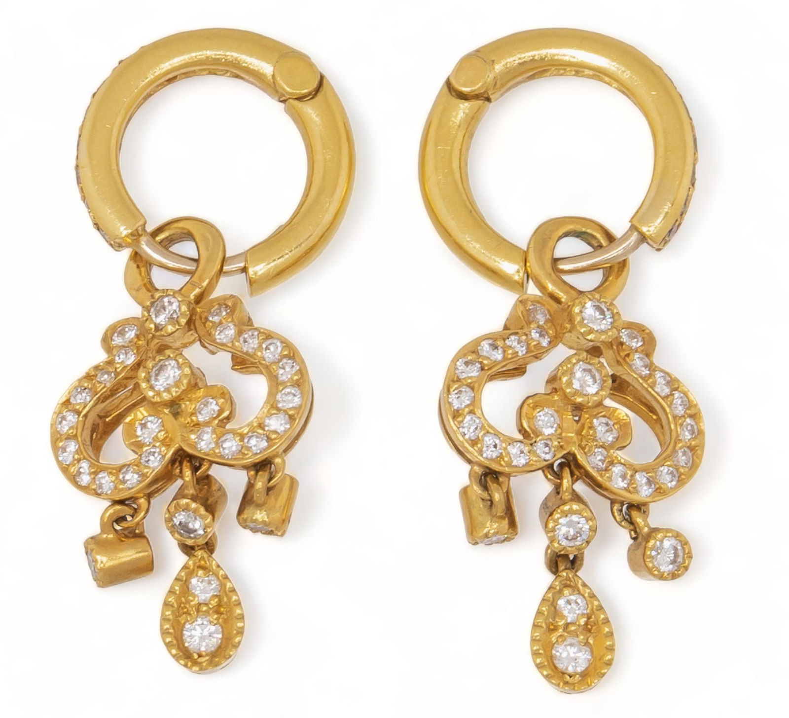18K Yellow Gold Diamond Drop Hoop Earrings (1 of 4)