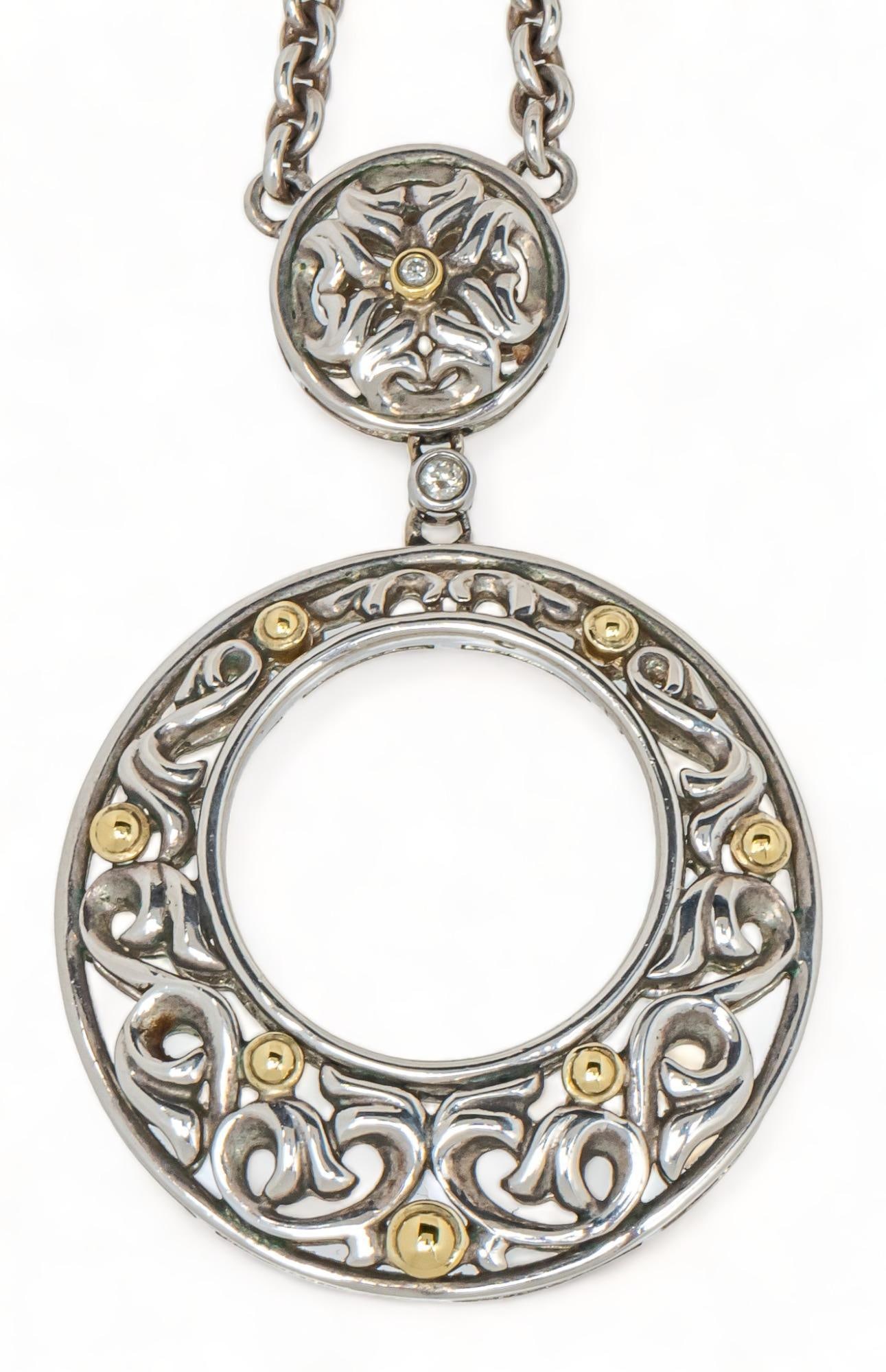 Charles Krypell Retired 18K Sterling Silver Two Tone Ivy Neckalce: Charles Krypell retired 18K sterling silver two tone ivy necklace, set with diamonds, marked pendant / length 47 mm. length 20 in. - 22 in. total weight: 26 grams Provenance: Property from the estat