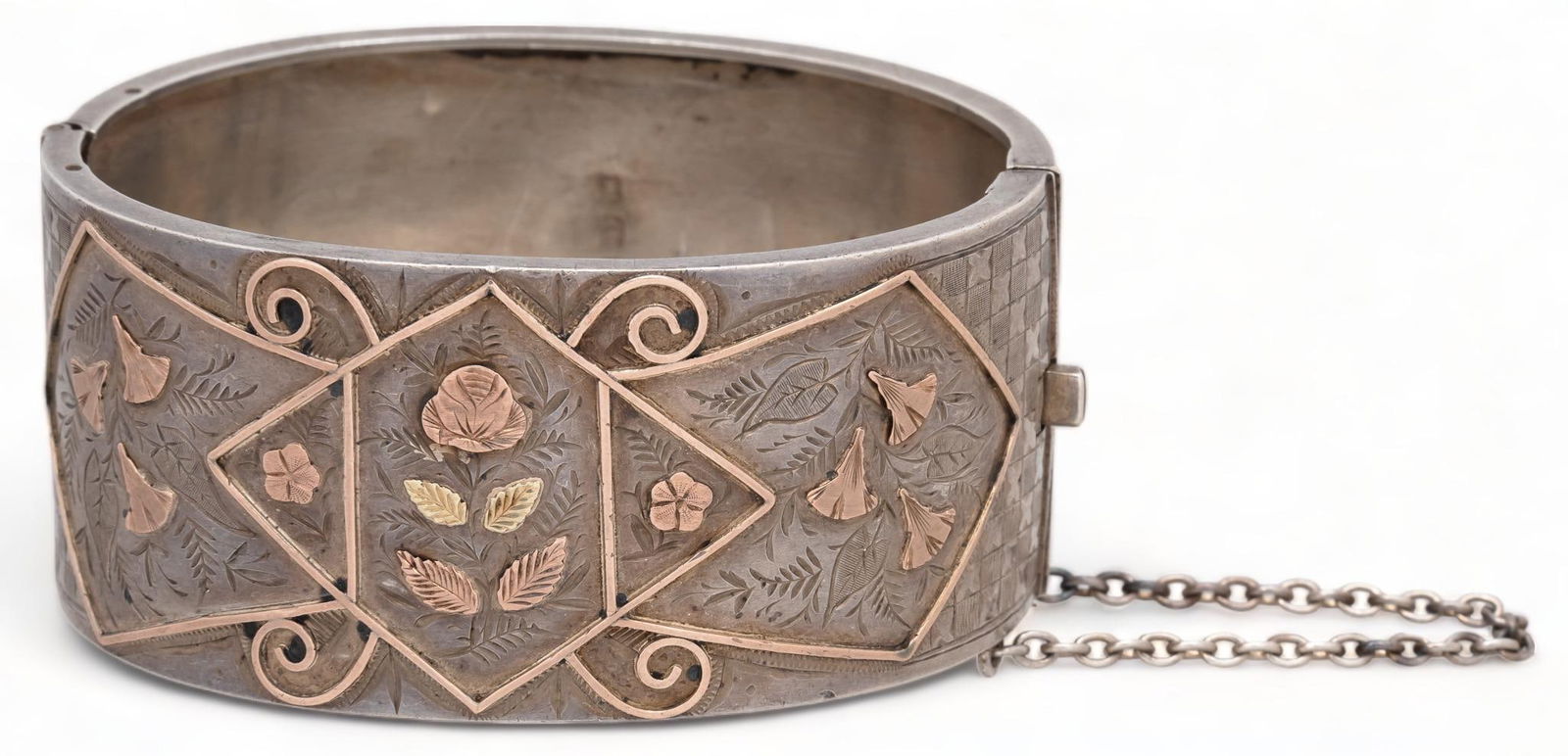 English Antique Sterling Silver and 14K Rose Gold Floral Hinge Bangle (1 of 5)
