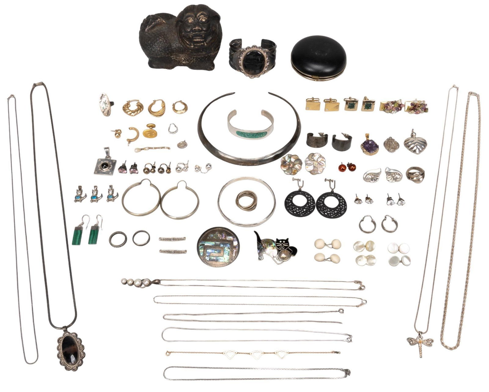 Collection of Sterling and Costume Jewelry: Collection of sterling and costume jewelry, cuff bracelets, hoops, drop earrings, cuff links, chains, bracelets, pocket watch, marked Provenance: Property from the estate of a San Antonio, Texas bank