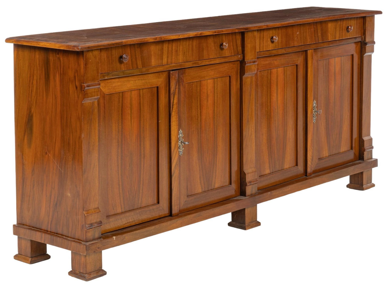 Sideboard: Sideboard with beveled top, over four cabinet drawers, four cabinet doors, opening to interior shelves, on block feet height 36 in. x width 80.5 in. x depth 17 in. Shipping available for this lot thro