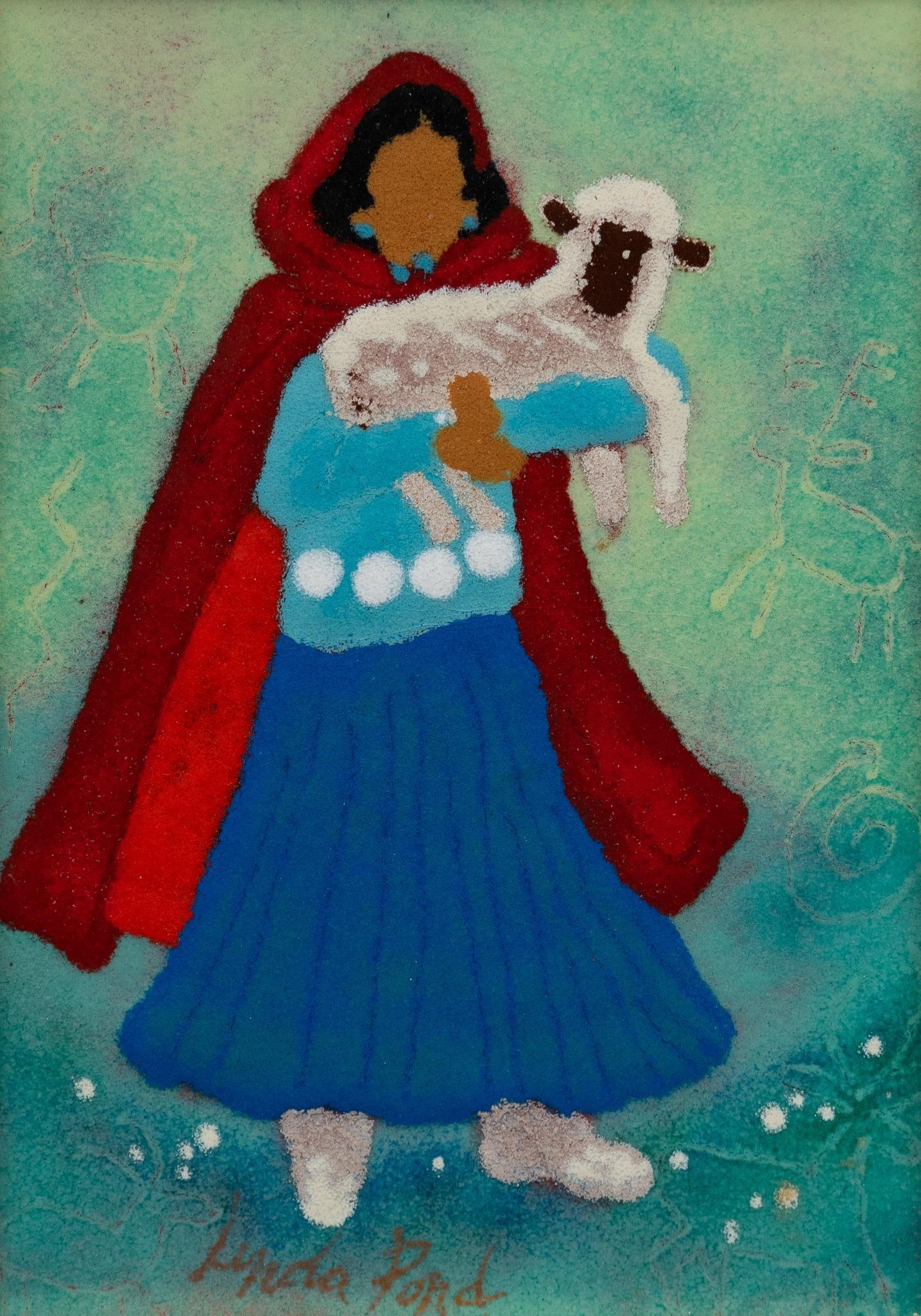 Linda Pond, Southwestern Girl with Lamb: Linda Pond, Southwestern girl with lamb, enamel on metal support plate: 6.5 x 4.5 in., frame: 10.5 x 8.5 in. Provenance: Property from the collection of a San Antonio, Texas lady Shipping available fo