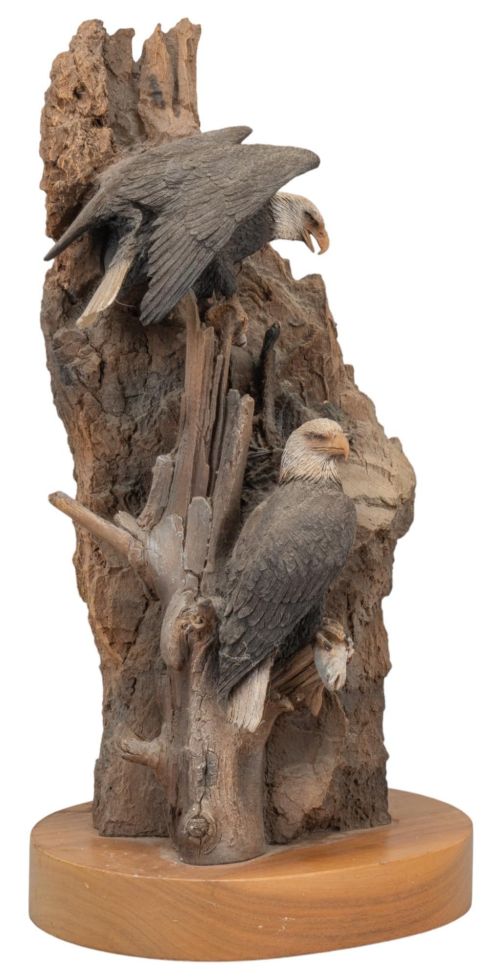 Monarch Mountain, Paul R. Camis: "Monarch Mountain" sculpture of wood and resin, by Paul R. Camis, marked 692 / 1950, featuring pair of American Bald Eagles height 19.5 in. x width 9.5 in. x depth 8 in. Provenance: Property f