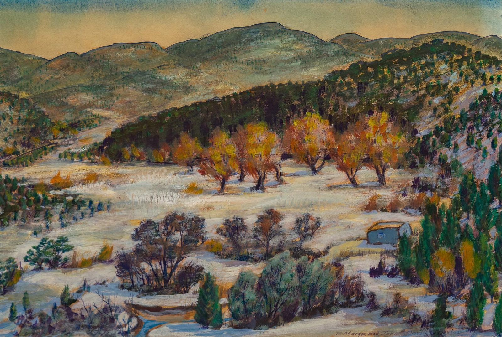 David Dunlap, Mountain Cabin: David Dunlap, mountain cabin scene, watercolor sight: 15 x 22 in., frame: 23 x 30.5 in. Provenance: Property from the collection of a San Antonio, Texas gentleman Shipping available for this lot throu