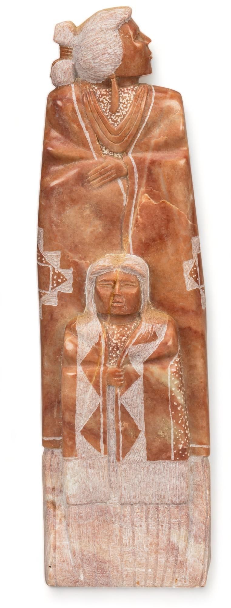 R. Pettigrew, Southwestern Woman and Child: R. Pettigrew, Southwestern woman and child, freestanding sculpture carved from a single block of red alabaster height 11 in. x width 3 in. x depth 2 in. Provenance: Property from a home in the Alamo H