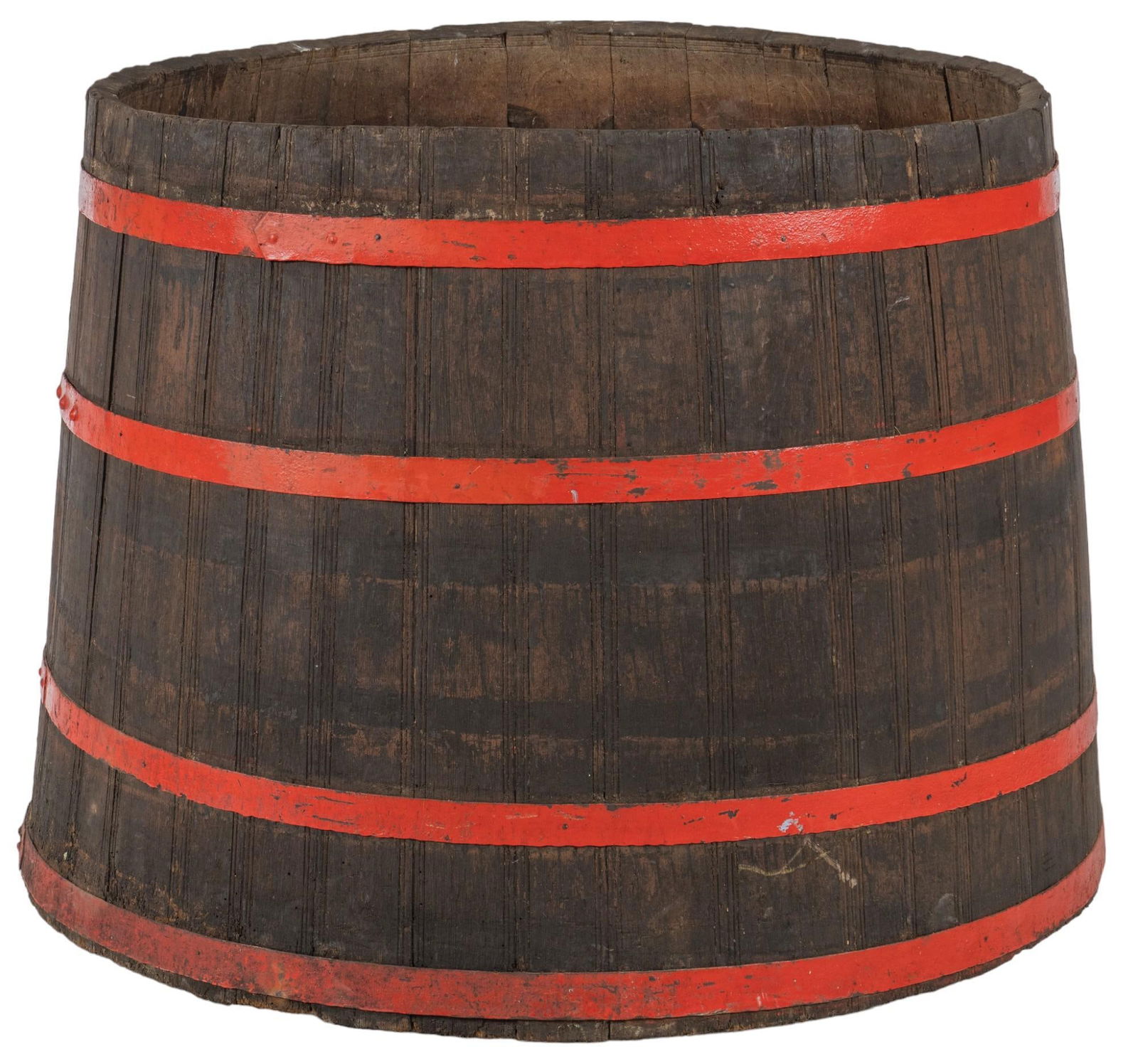 Large Barrel Tub: Large barrel basin / tub with painted metal banding height 42 in. x width 59 in. x depth 59.5 in. Shipping available for this lot through our partner 4CL; please request a shipping quote at shippin