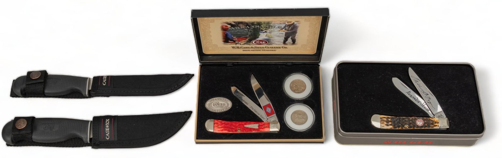 Collection of 5 Case Knives: Includes: -Case LT275-4G SS synthetic handle hunting knife w/ sheath & box -Case LT216-5 SS synthetic handle hunting knife w/ sheath & box -Case vintage stacked leather handle hunting knife w/