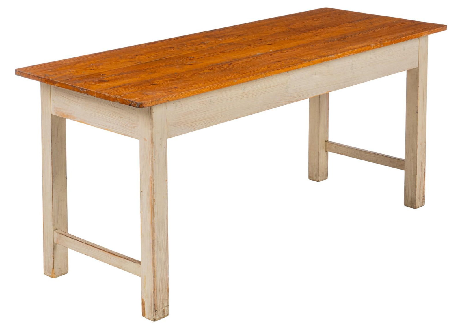 Farmhouse Table: Farmhouse table, with wooden plank top, supported on stretchered block legs height 30.5 in. x width 71 in. x depth 26.5 in. Shipping available for this lot through our partner 4CL; please request a sh