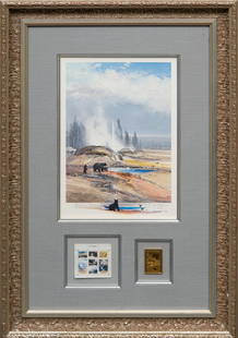 Michael Coleman, "First National Park Stamp", Lithograph, 1988: Michael B. Coleman (Utah, b. 1946), "First National Park Stamp", 1988, signed and numbered "Executive Edition" offset lithograph, 55/200 sight: 14 x 10 in., frame: 29 x 20 in. Proven