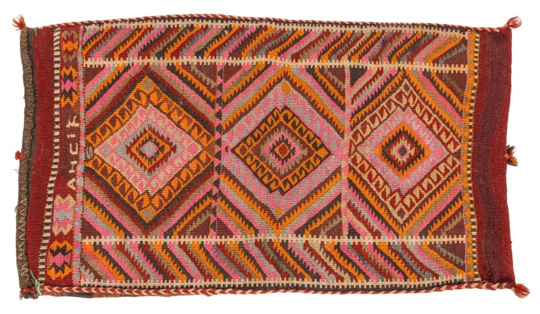 Woven Hay Sack: Woven hay sack featuring vibrant color design with pink, red, and orange fibers length 40 in. x width 23.5 Provenance: Property from the collection of a Universal City, Texas gentlemanShipping availab