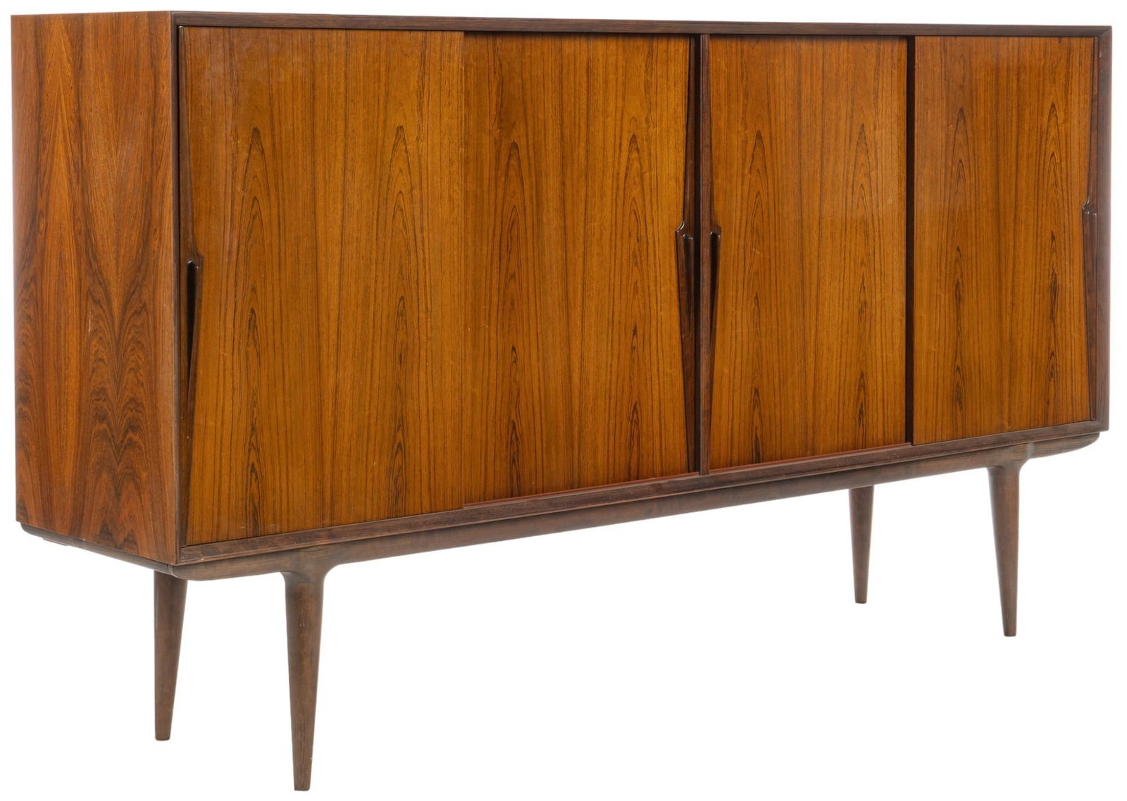 Danish Mid-Century Credenza: Omann Junior (Denmark) model no. 19 mid-century credenza featuring four sliding wood doors that open to reveal a stack of ten trays on the left, beside six shelves in the center, beside four shelves o