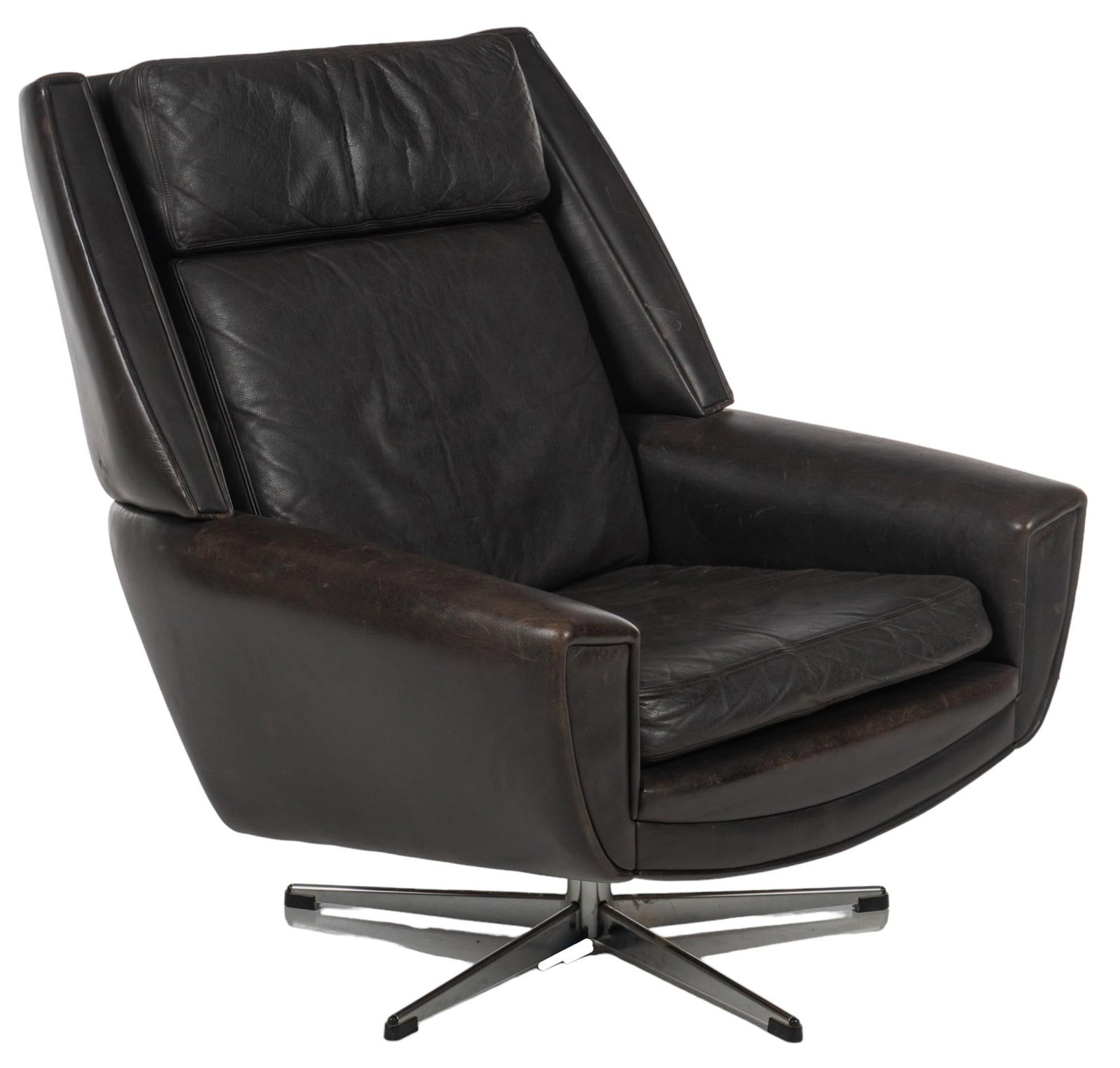 Danish Mid-Century Lounge Chair: Danish mid-century lounge chair featuring black leather upholstery, supported on chrome swivel legs height 36 in. x width 33 in. x depth 32 in. Shipping available for this lot through our partner 4CL;