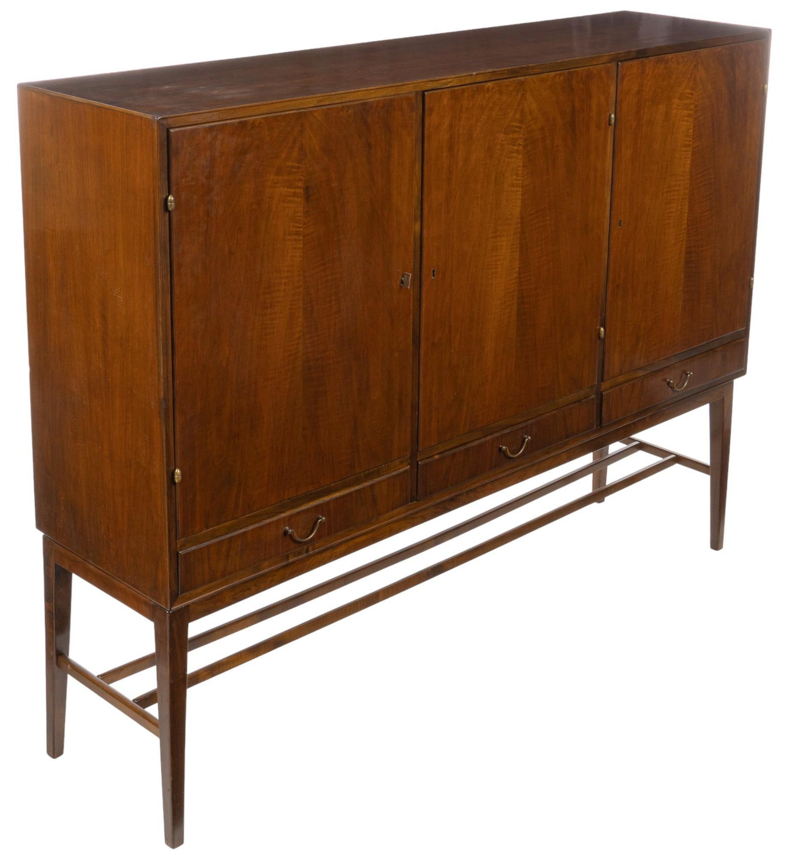Danish Mid-Century Credenza: Danish mid-century high credenza featuring three cabinet doors that open on the left to six trays with cut pulls above single shelf, beside center and right doors opening to reveal interior storage wi