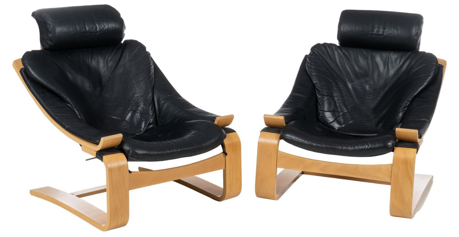(2) Ake Fribytter (Sweden) "Kroken" Lounge Chair: Two (2) Ake Fribytter (Sweden) "Kroken" lounge chairs for Nelo Mobel, featuring black leather upholstery, and bentwood frames height 36 in. x width 29.5 in. x depth 34 in. / each Provenance: P