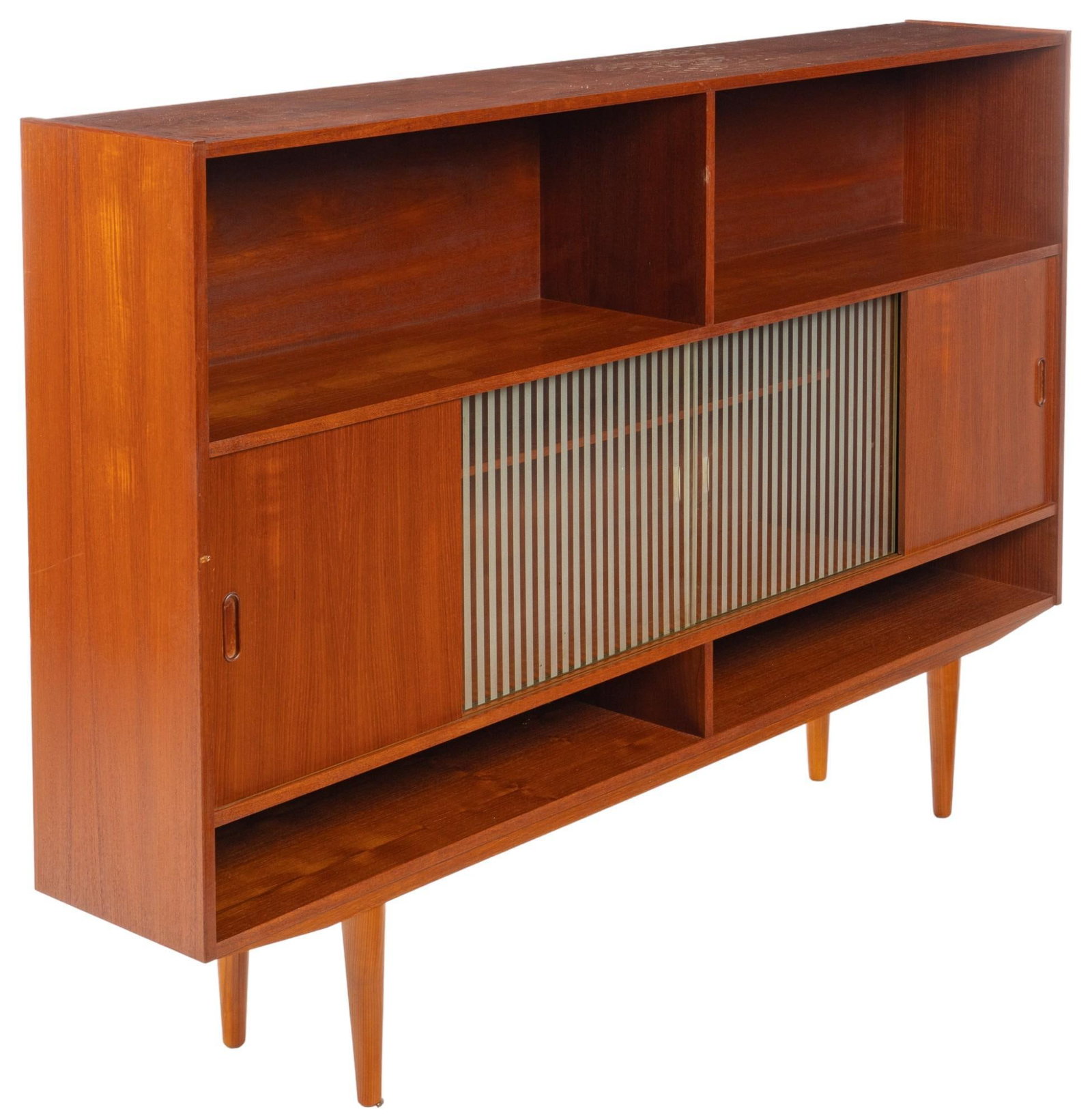 Danish Mid-Century Credenza: Danish mid-century credenza featuring pair of top storage tier shelves above pair of sliding glass doors with frosted pin stripe design that open to shelved interior storage space, flanked by pair of 