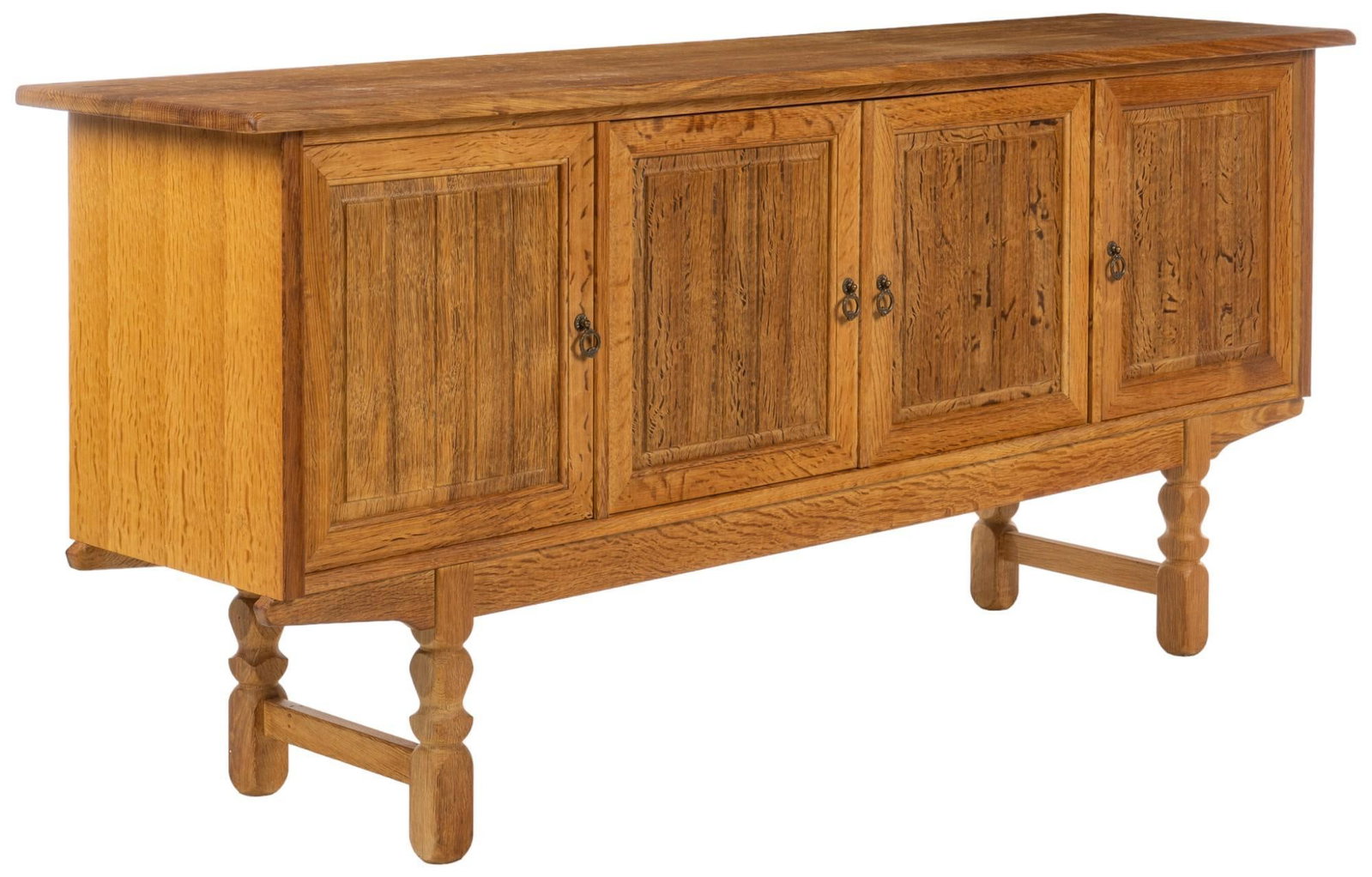 Henning Kjaernulf Style Mid-Century Buffet: Henning Kjaernulf style mid-century buffet / credenza with oversize wood top above four cabinet doors with metal pulls that open to shelved interior storage height 35.5 in. x width 79 in. x depth 19 i