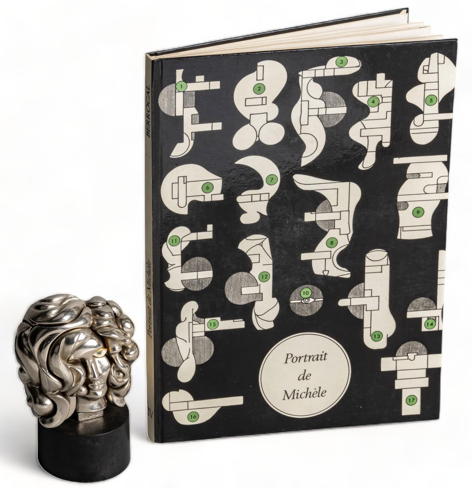 Miguel Berrocal, "Portrait de Michele", Puzzle Sculpture: Miguel Berrocal (Spain, 1933-2006), "Portrait de Michele" (the artist's wife), 1969, sterling silver mechanical puzzle sculpture, 1971, stamped signature and stamped series number 04640, includes gold