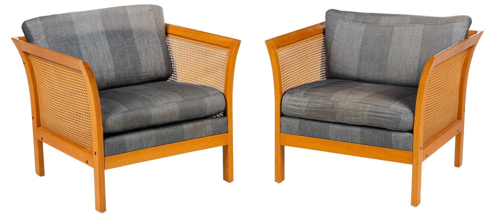 Pair of Rattan Accent Chairs: Pair of rattan accent chairs, striped whale grey upholstery height 30 in. x width 32 in. x depth 30 in. Shipping available for this lot through our partner 4CL; please request a shipping quote at sh