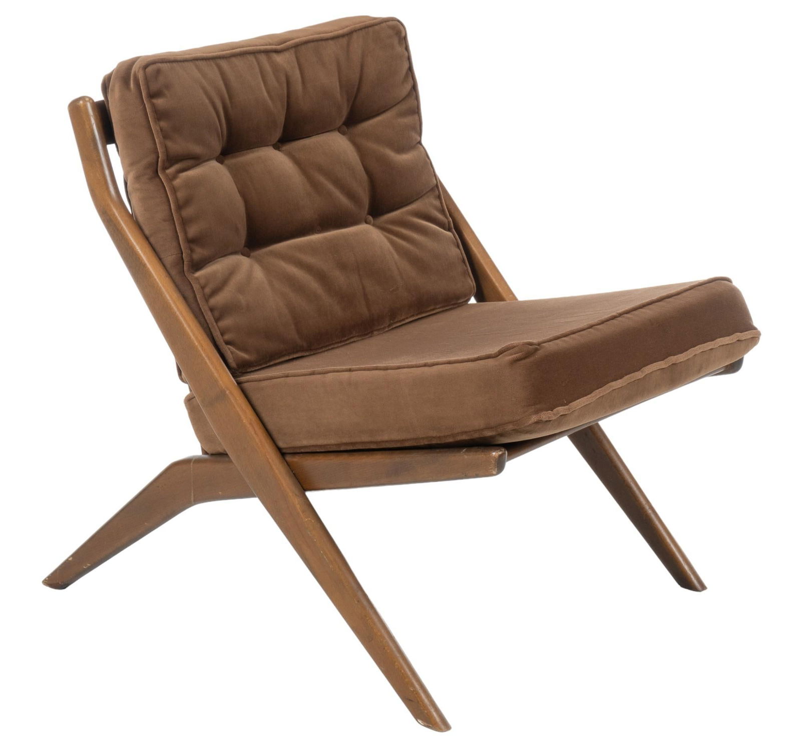 Folke Ohlsson (SWE) for Dux Scissor Chair: Folke Ohlsson (Sweden) for Dux "scissor" chair, featuring cushions with tufted back rest, supported on wooden frame, marked "Award Winning Design, Dux (Sweden), "Design patent pending" height 30 in.
