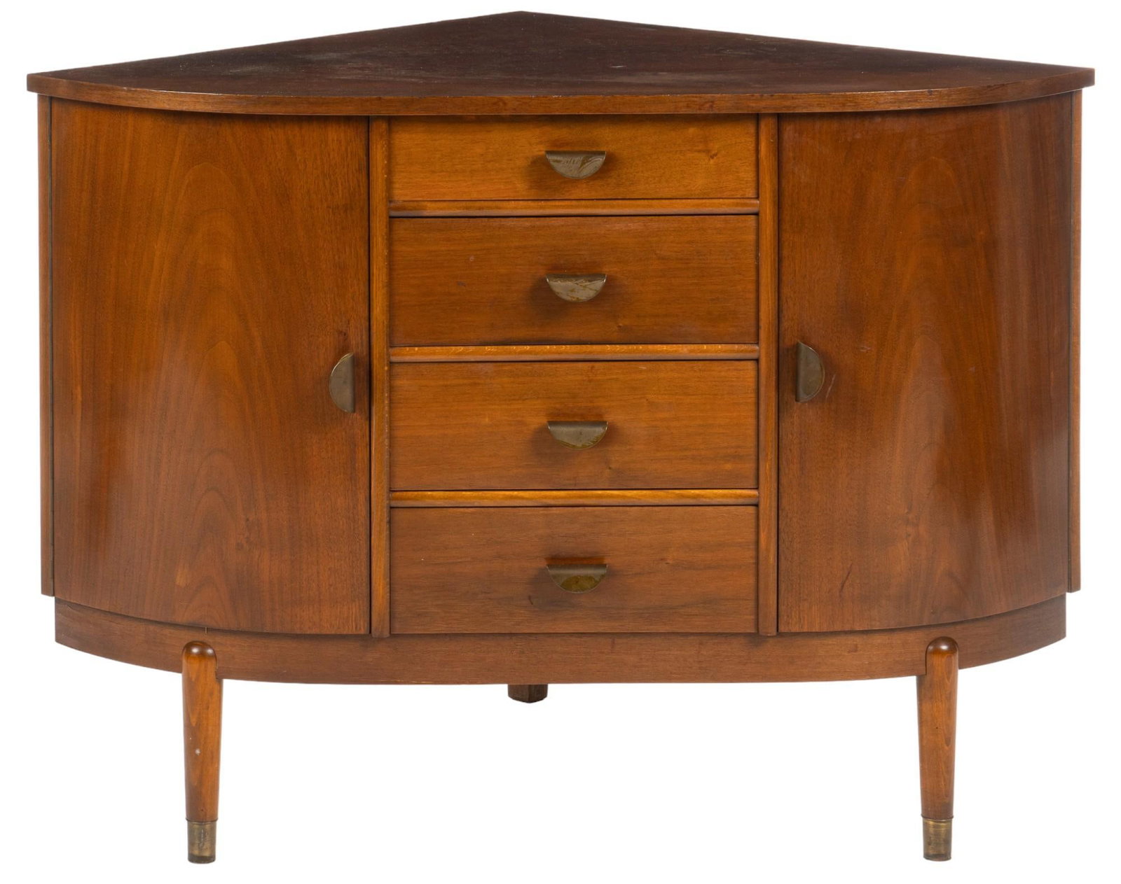 Danish Mid-Century Corner Cabinet: Danish mid-century corner cabinet, featuring four stacked drawers with metal pulls flanked by cabinet doors with matching pulls, opening to shelved interior storage, supported on pin legs height 31 in