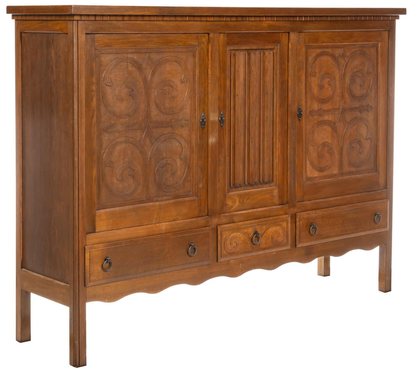 Danish Mid-Century Credenza: Danish mid-century style credenza, featuring oversize top with carved architectural accents, above center door with tooled design that opens five adjustable trays lined in green felt, flanked by cabin