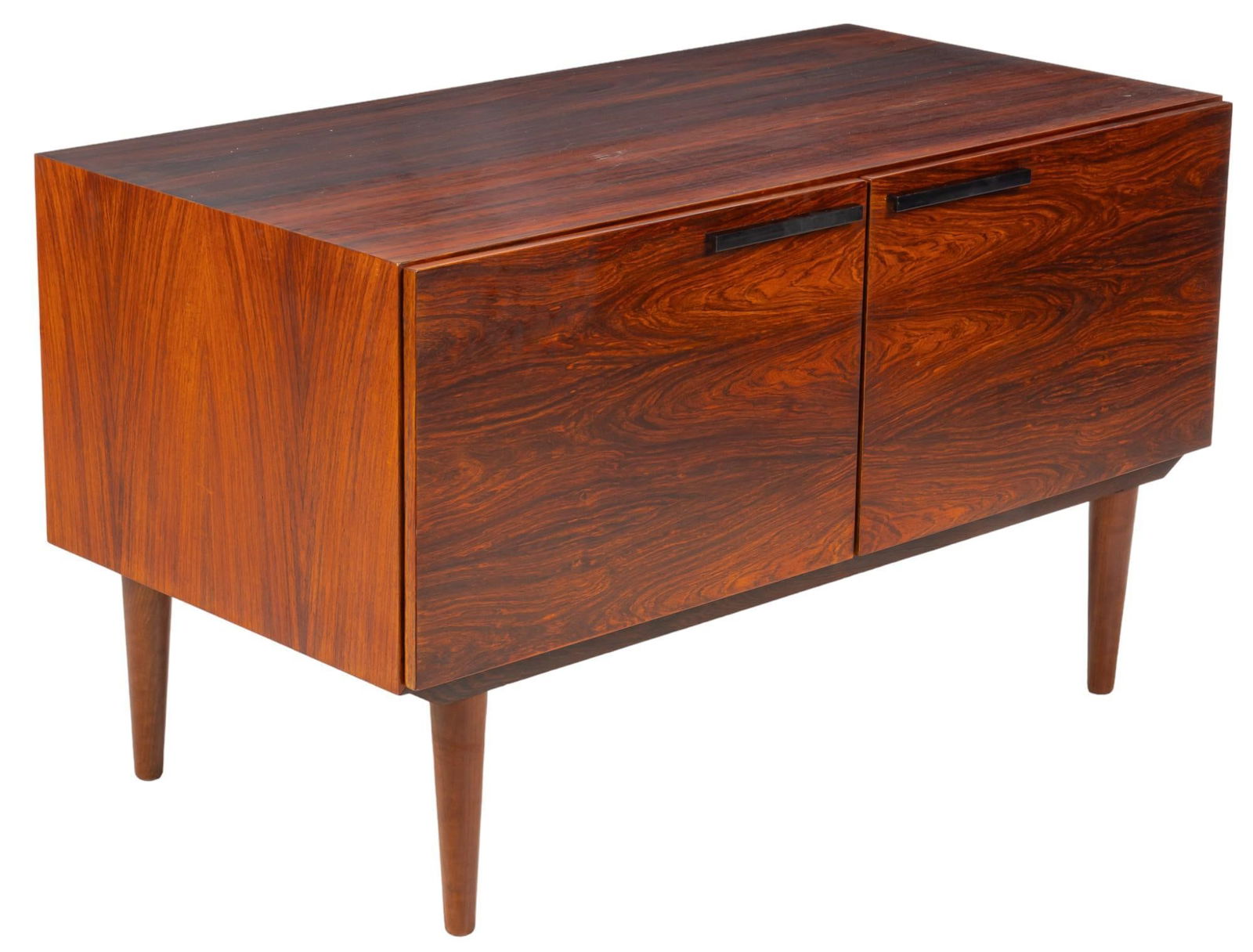 Faarup Mobelfabik (DNK) Mid-Century Credenza: Ib Kofod Larsen for Faarup Mobelfabrik (Denmark) mid-century credenza with pair of cabinet doors with metal handle pulls that open to shelved interior storage, supported on pin legs, marked with label