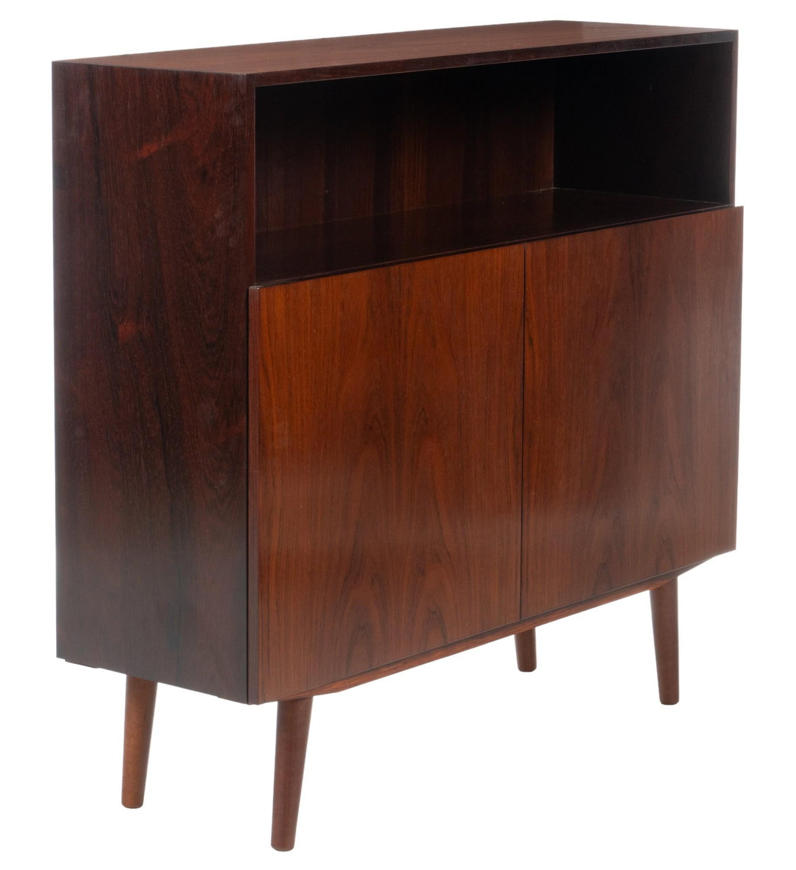 Danish Mid-Century Credenza: Danish mid-century credenza with top shelf with open storage, above pair of cabinet doors opening to interior storage with adjustable shelf height 39.5 in. x width 43 in. x depth 14 in. Shipping avail