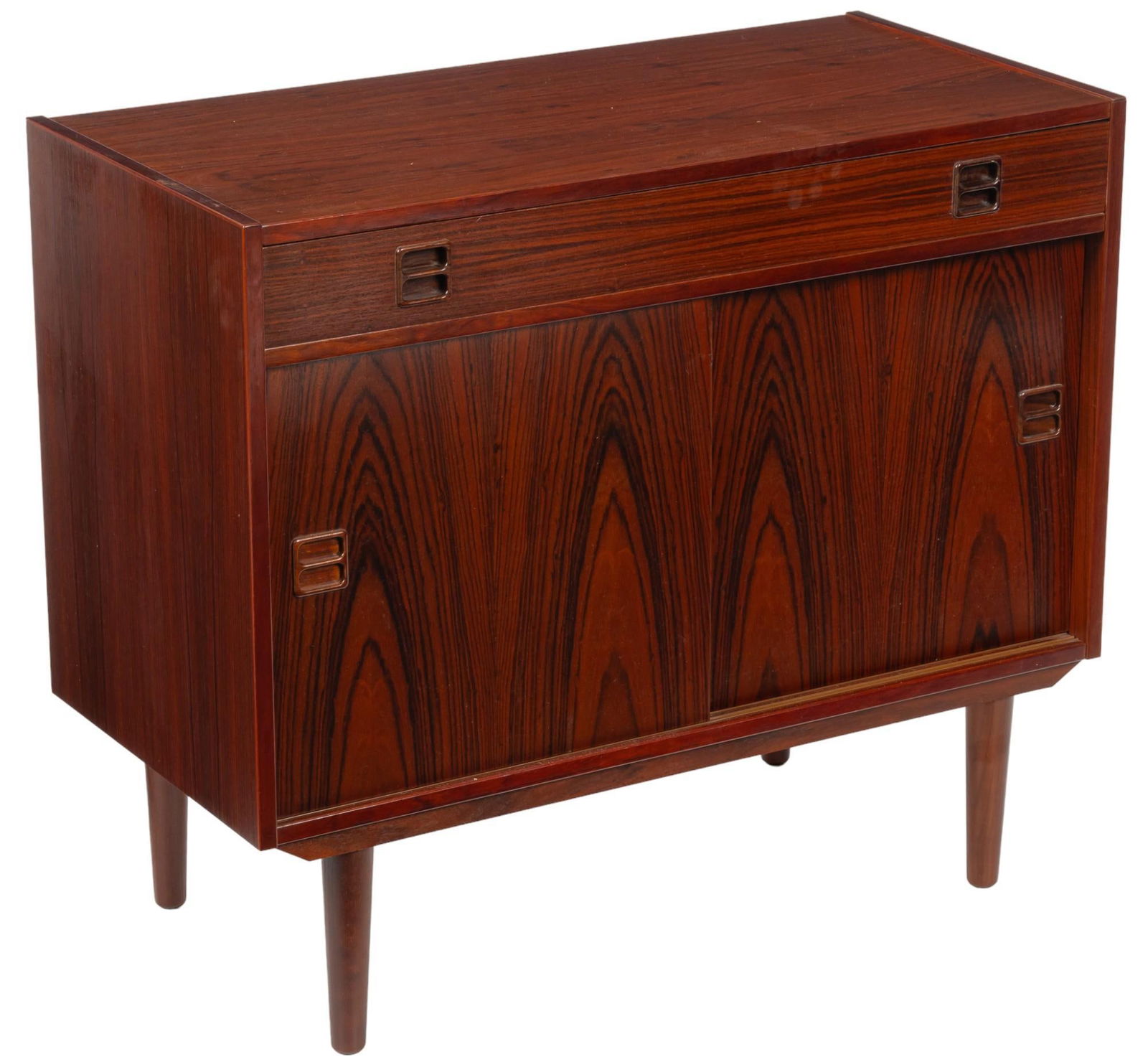 Danish Mid-Century Credenza: Danish mid-century credenza with pair of drawers with integrated wood pulls above pair of sliding cabinet doors that open to shelved interior storage, supported on pin legs height 30 in. x width 34.5