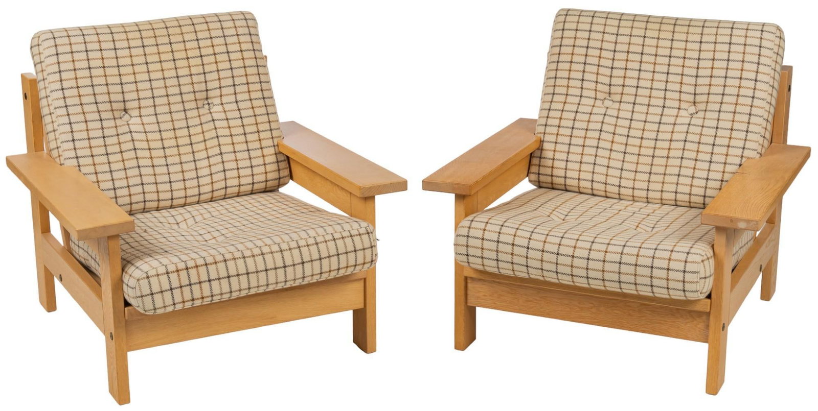Pair of Danish Mid-Century Chairs: Matched pair of Danish mid-century conservatory chairs, both beech frames with matching upholstered cushions height 28 in. x width 34.5 in. x depth 33 in. / each Shipping available for this lot thro