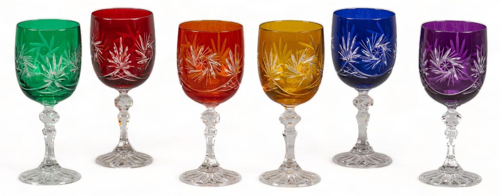 (6) Cut-to-Clear Glass Goblets: Set of (6) bohemian style cut-to-clear glass wine goblets, each in a different color height 7 in. x diameter 3 in. / each Shipping available for this lot through our partner 4CL; please request a s
